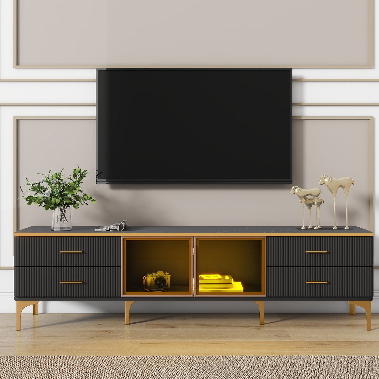 Semiocthome LED TV Stand for TVs Up to 78'' with Glass Cabinet and 4 Drawer, Living Room