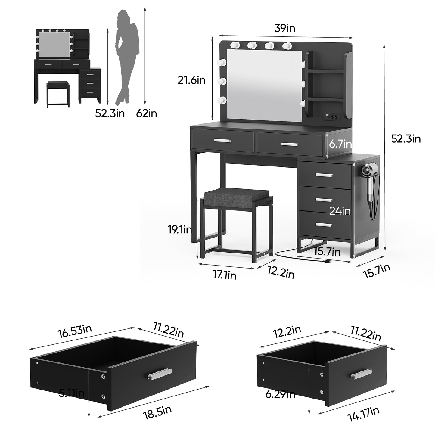 Smuxee Modern Dressing Table Set with 10 LED Lights and Mirror ,Black