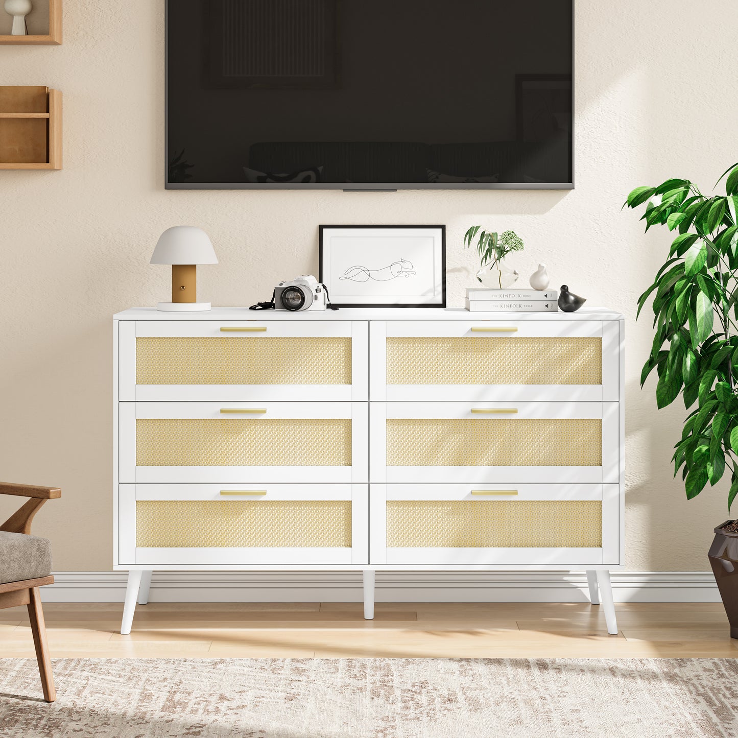 Semiocthome Modern Dressers with 6 Rattan Drawers Chest of Drawers for Bedroom