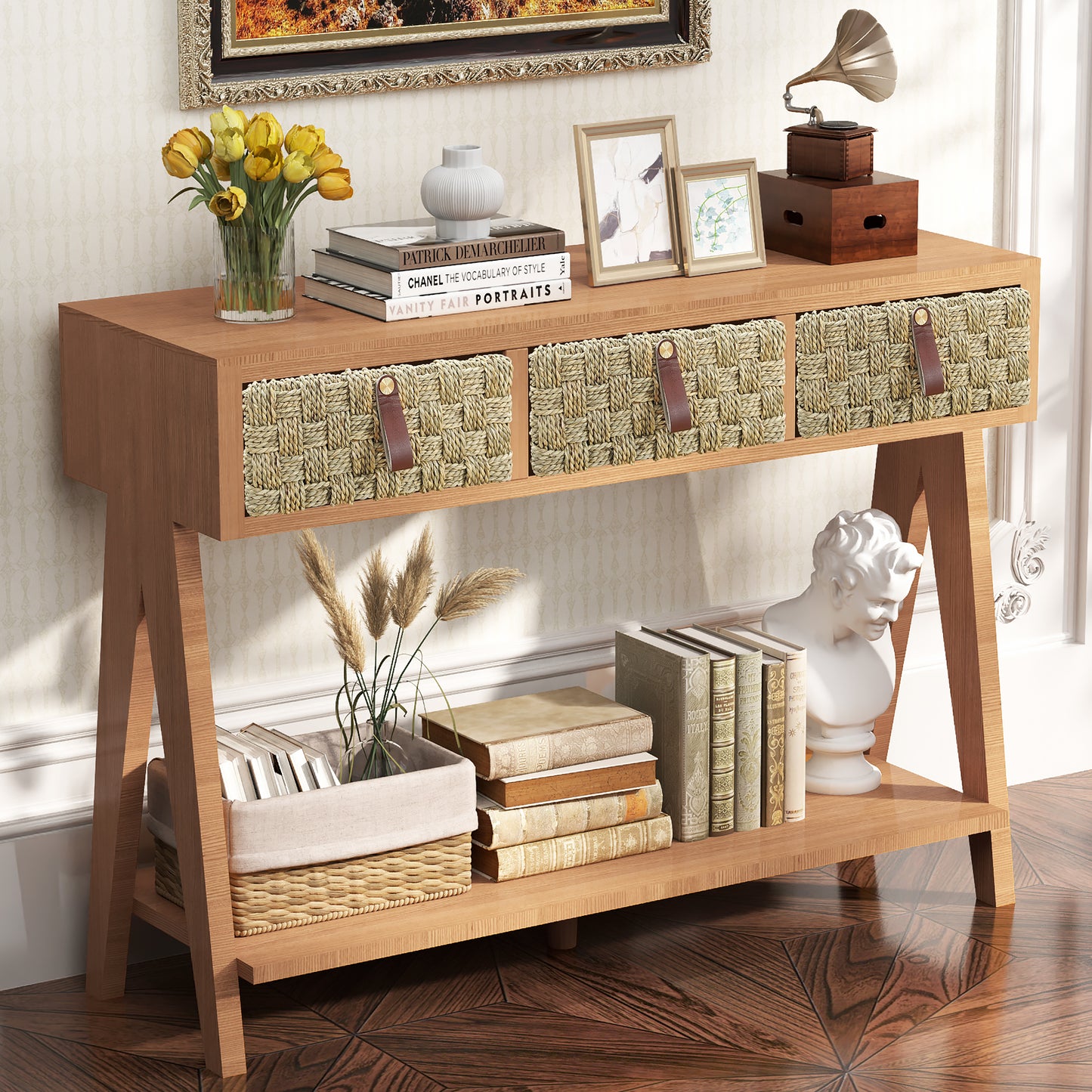 Smart FENDEE Console Table with 3 Drawers,Sofa Table Industrial Display Shelf for Entryway Brown