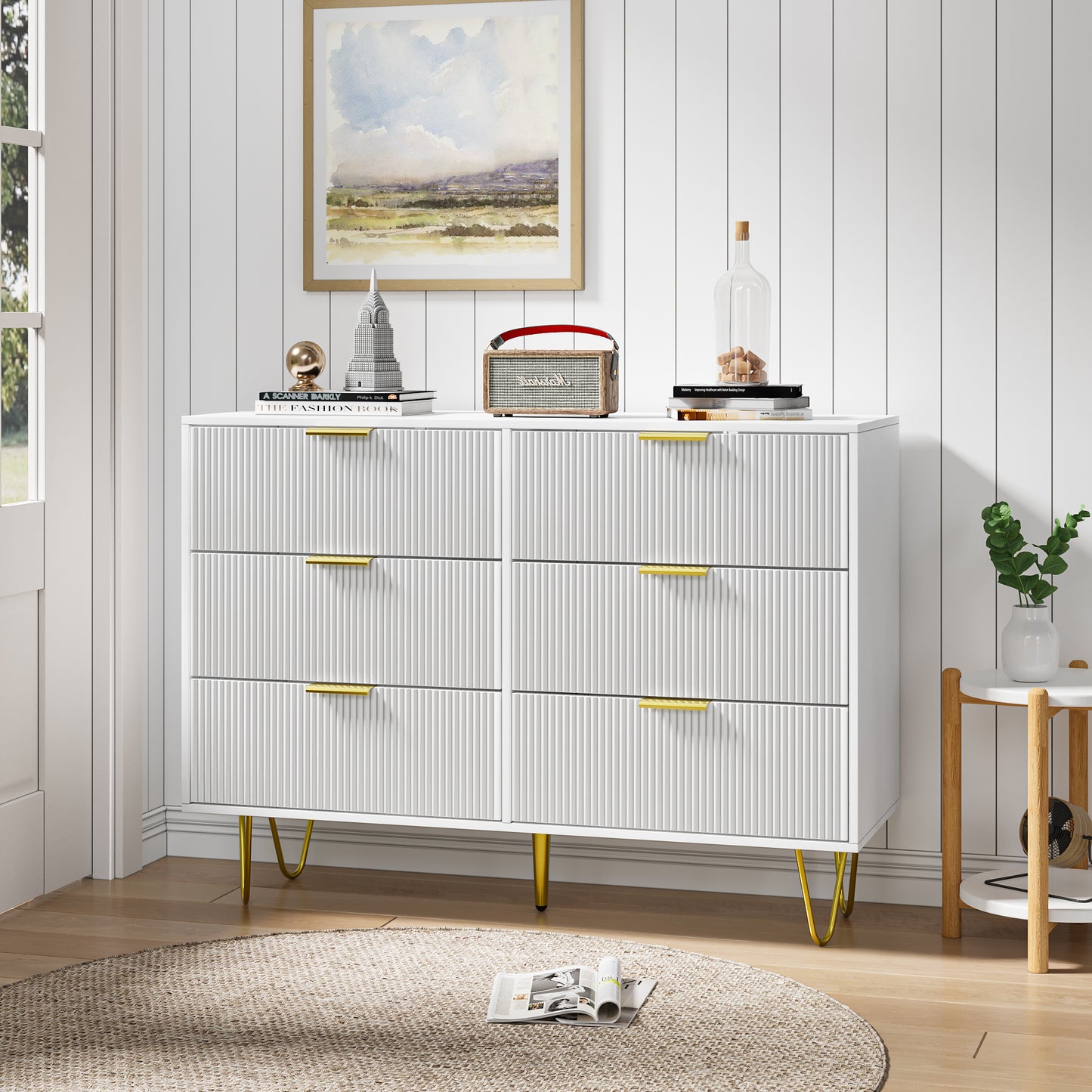 Smart FENDEE Modern Dresser with 6 Drawers Wood Storage Cabinet for Living Room, White, Adult