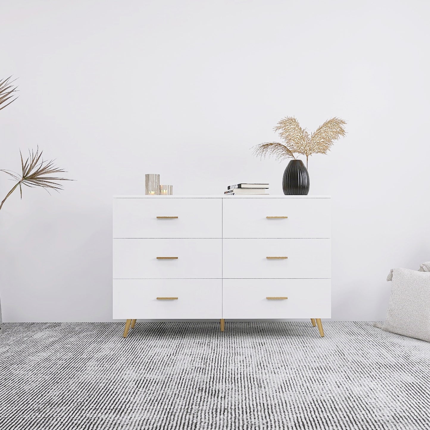 Smart FENDEE White Dressers with 6 Drawers and Golden Handle Chest of Drawers Bedroom Furniture