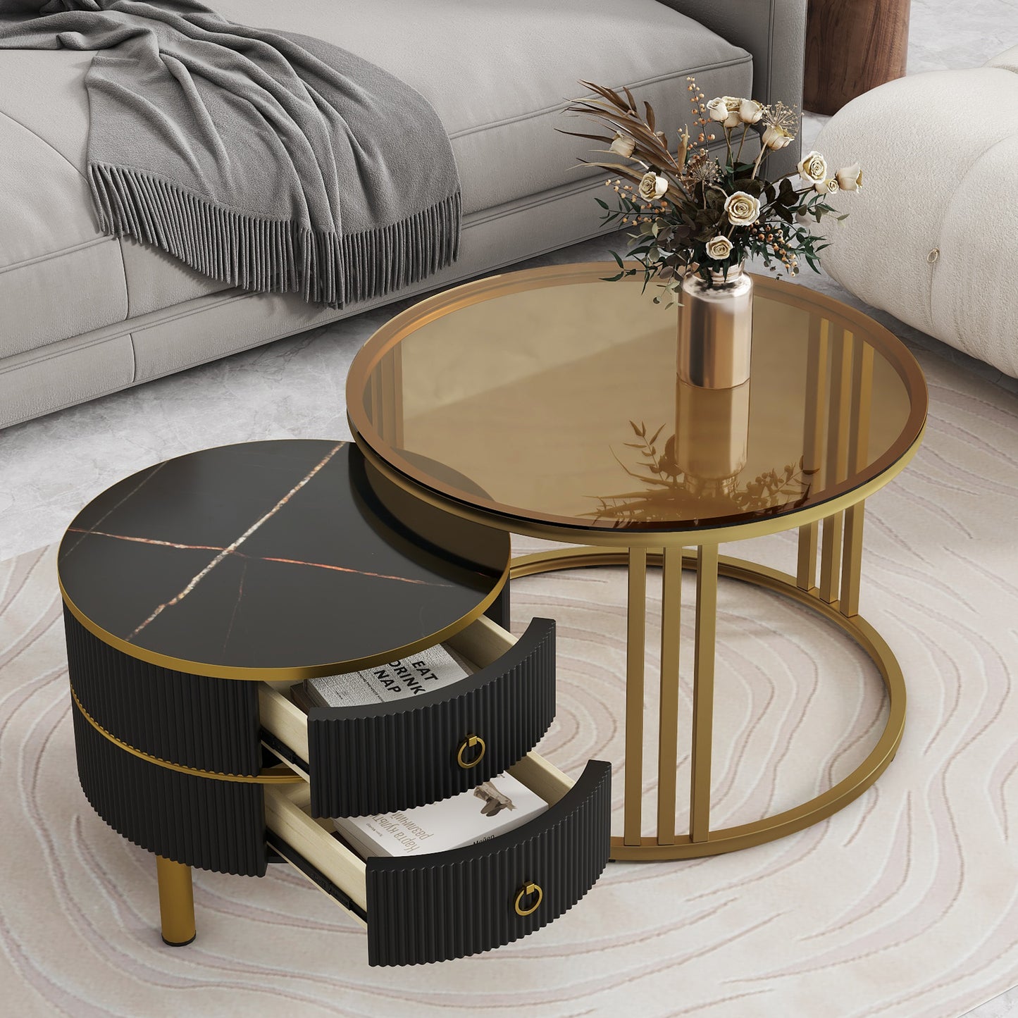 Semiocthome Modern Nesting Coffee Table with 2 Drawer and Tempered Glass Tabletop,Living Room