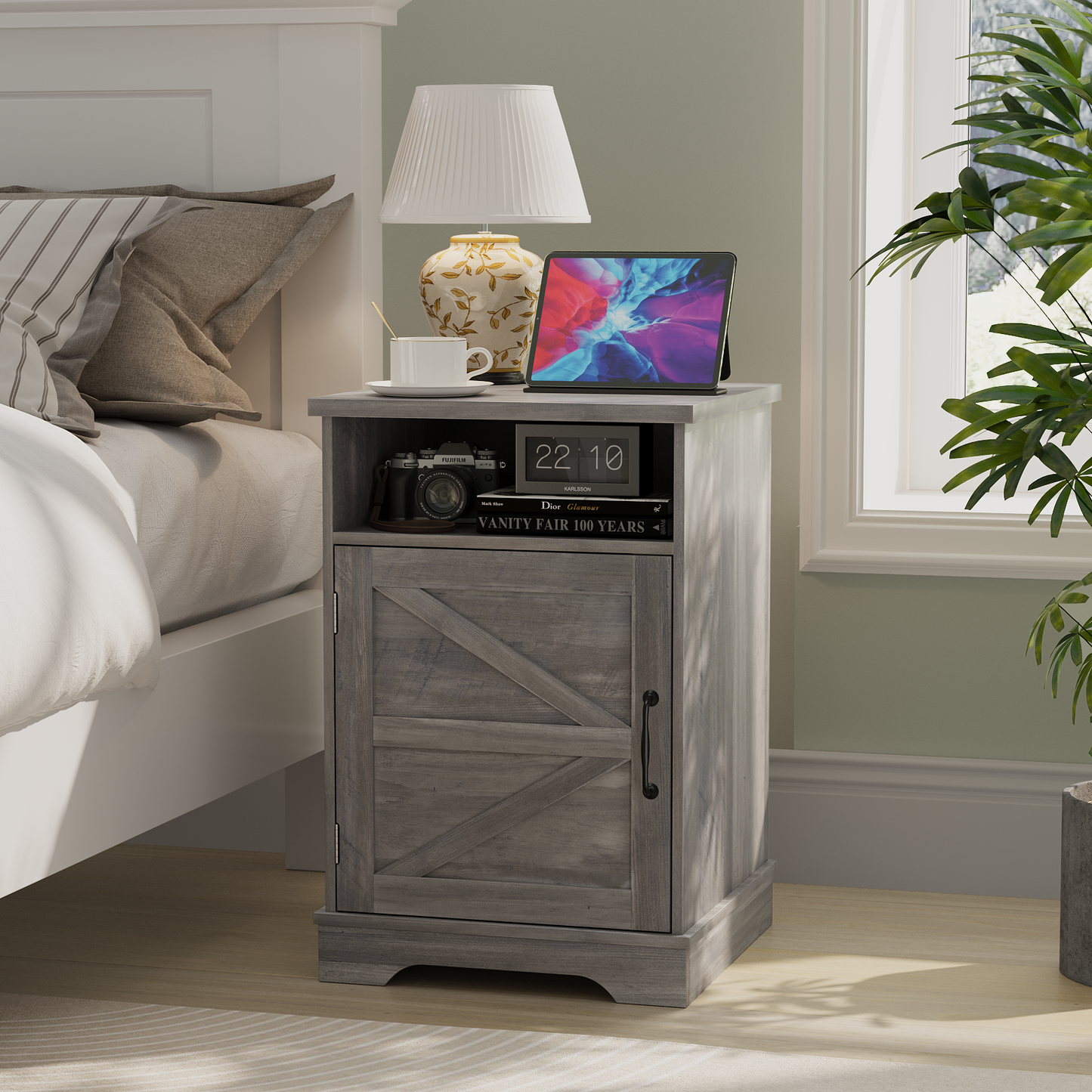 Semiocthome Farmhouse Nightstand with Charging Station and Barn Door,Bedside Table for Bedroom