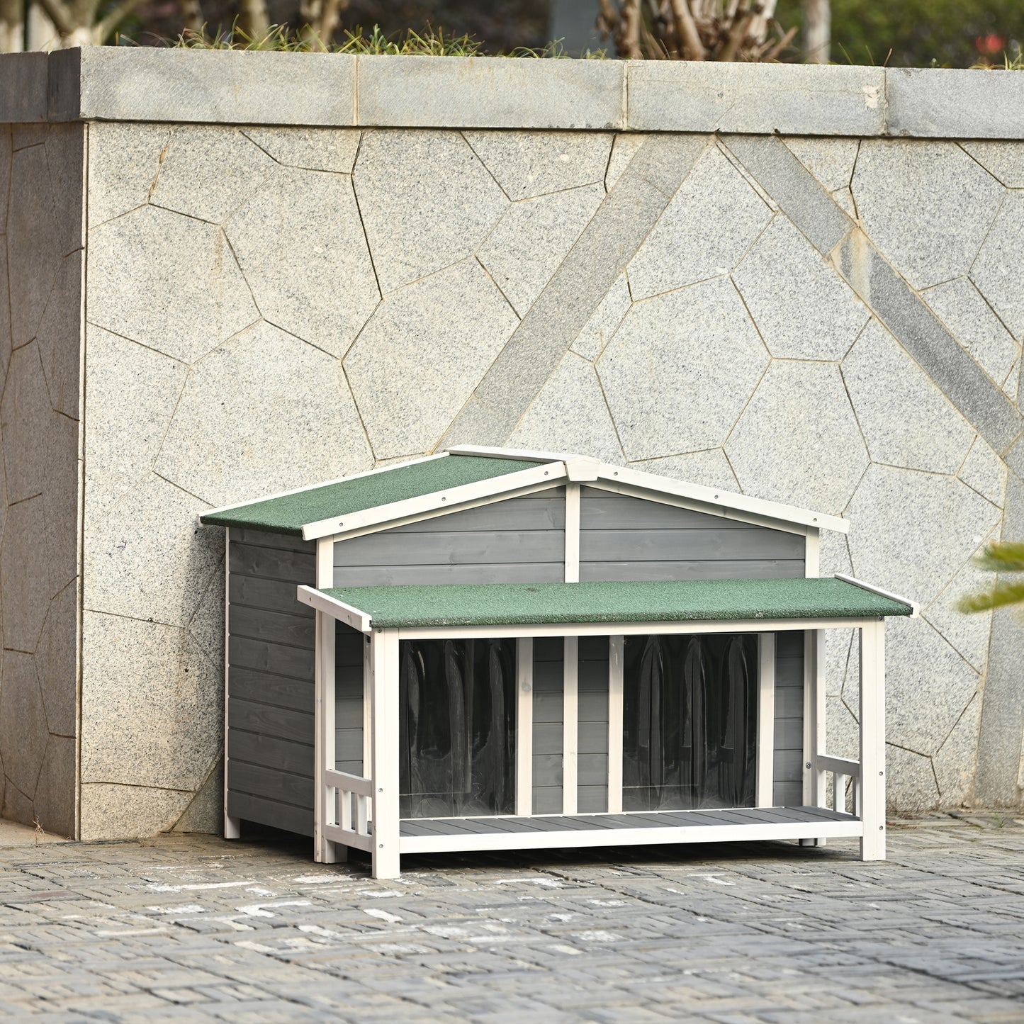 Smart FENDEE 47.2" Large Wood Dog House Pet Log Cabin Home with Porch Deck, Outdoor