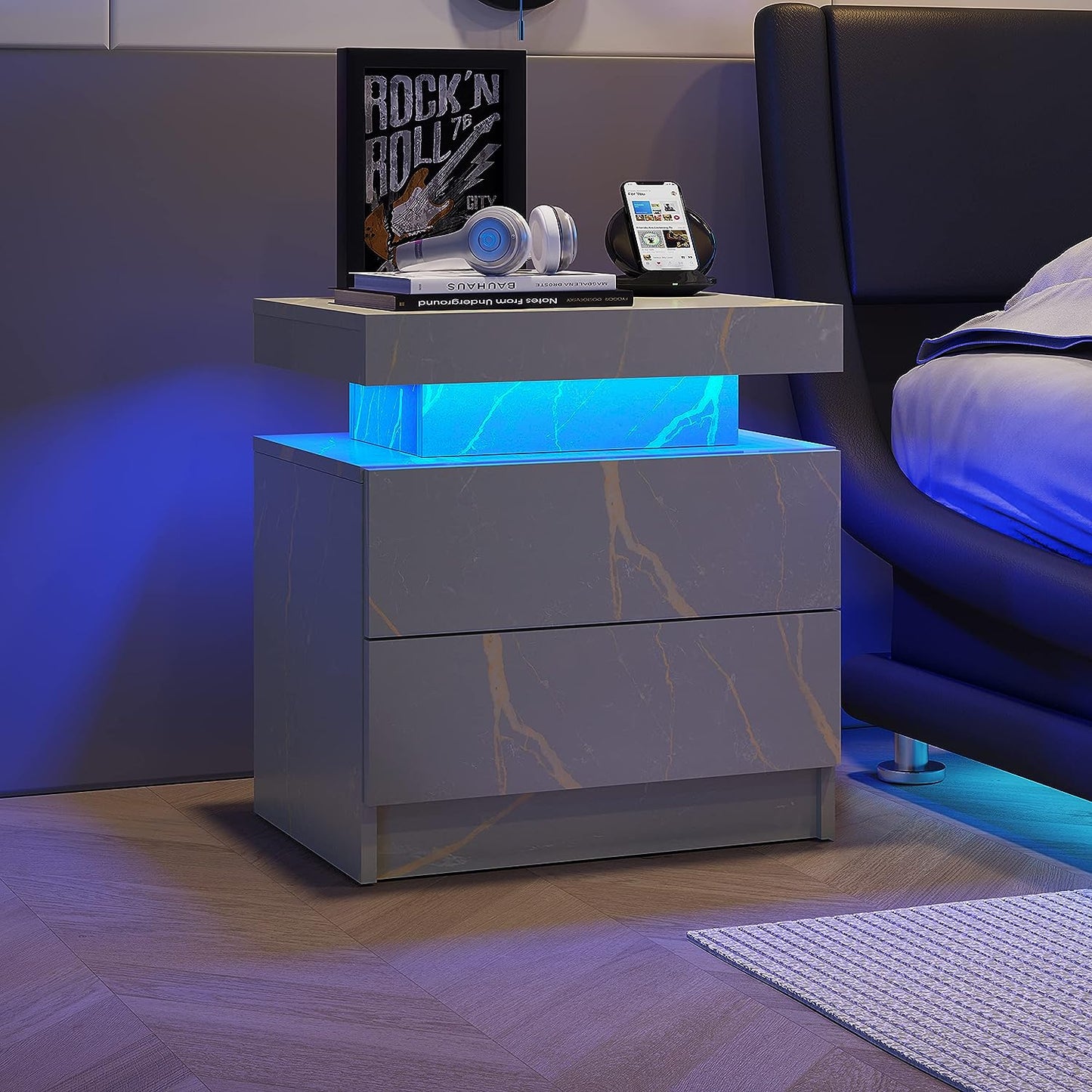 Algherohein Bedroom LED Nightstand with 2 Drawers,End Tables Side Tables for Living Room