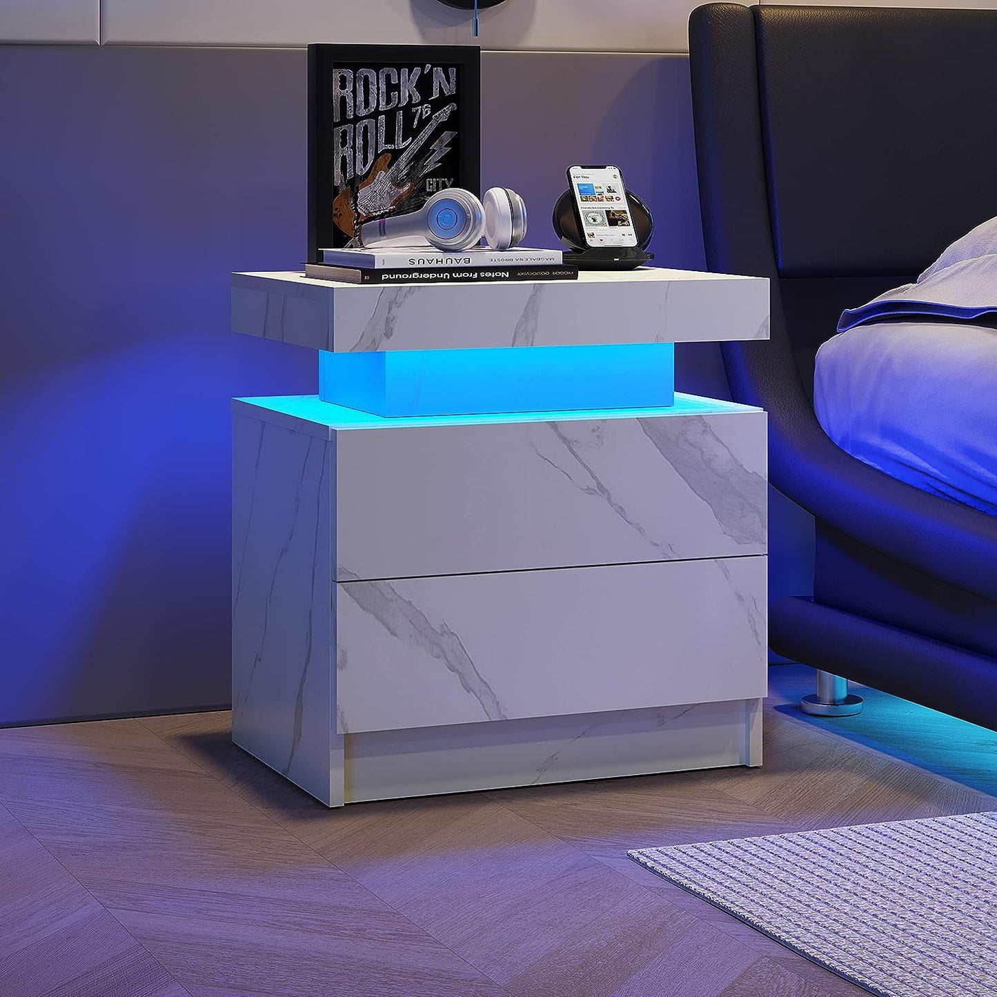 Algherohein Bedroom LED Nightstand with 2 Drawers,End Tables Side Tables for Living Room
