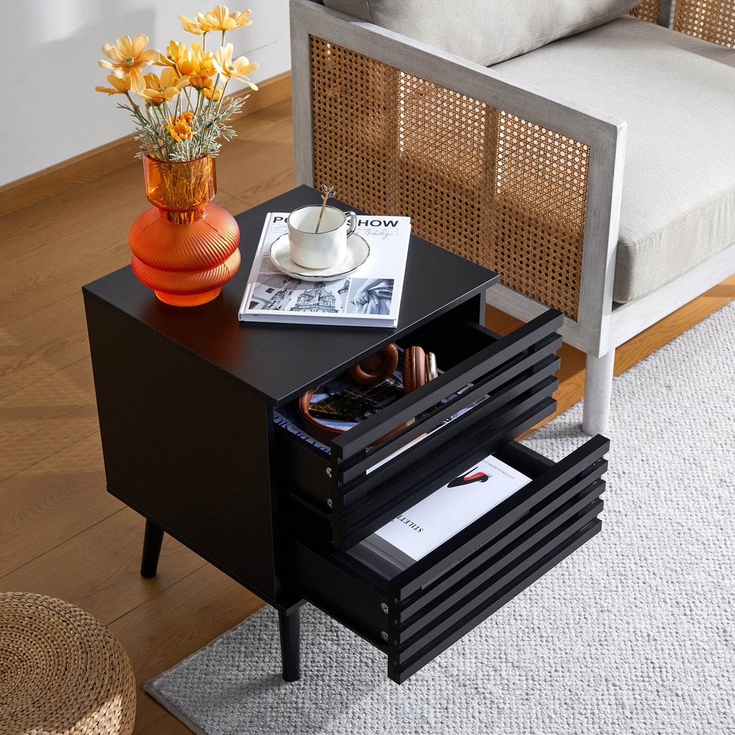 Algherohein Bedroom Wood Nightstand Set of 2 with Hollowed-Out Drawer,Living Room Side Tables