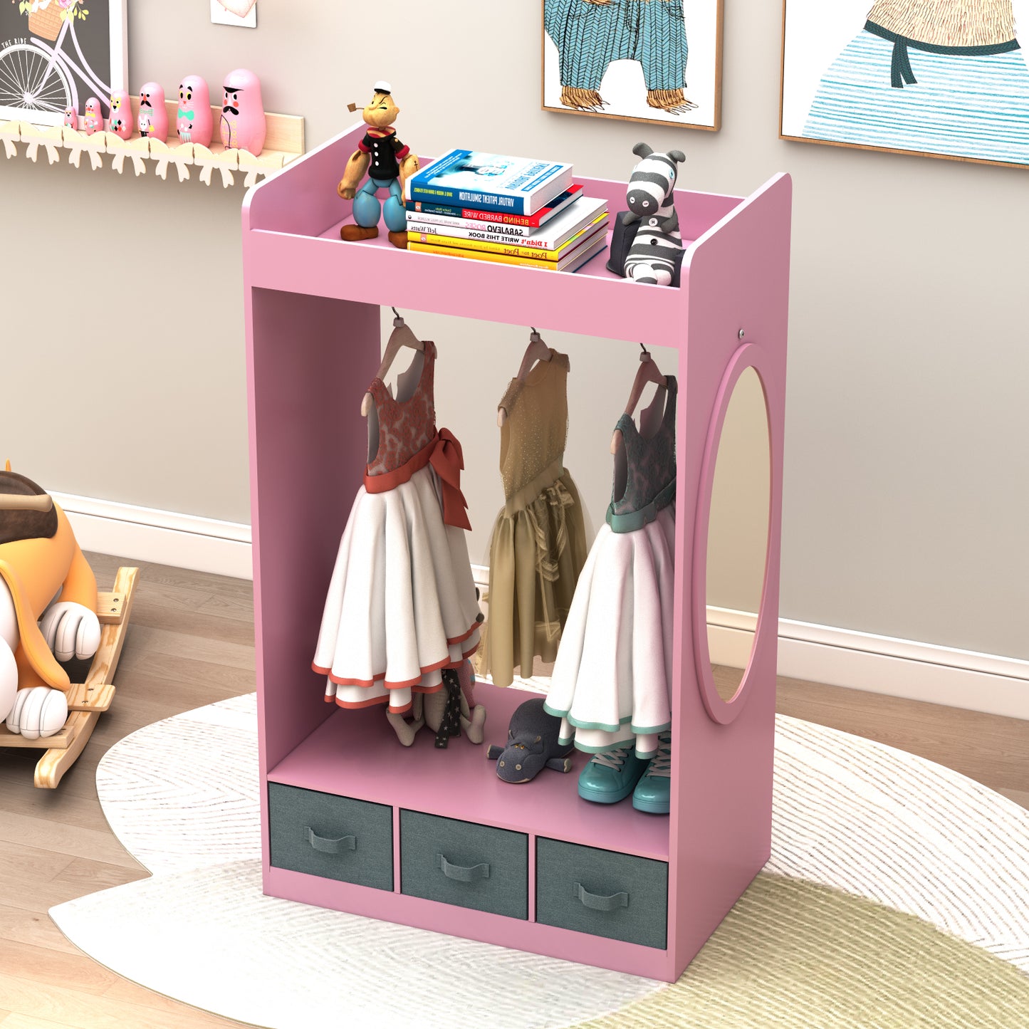 Smuxee Wood Kids Closet Clothes Organizer with Mirror,Kids Toys Organizer Bookshelf for Girl