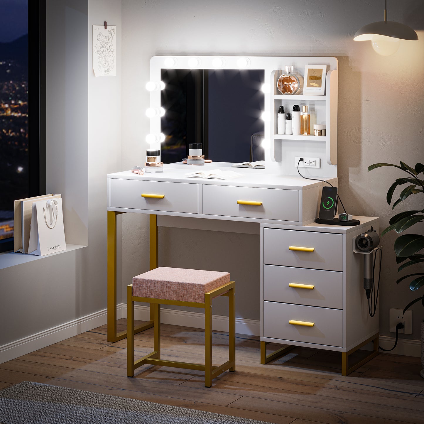 Smuxee Modern Dressing Table Set with 10 LED Lights and Mirror ,Black