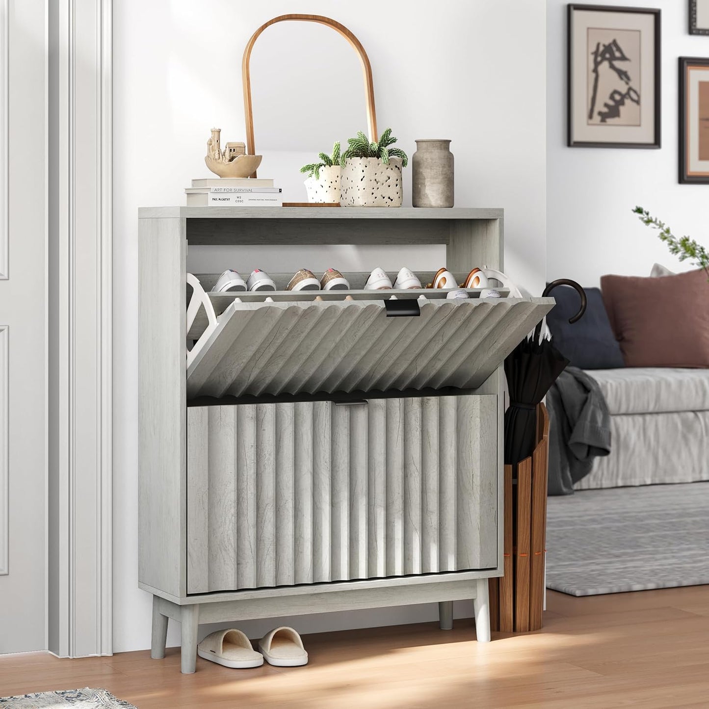 Semiocthome Shoe Cabinet with 2 Flip Drawers Farmhouse Shoe Storage Organizer for Entryway, Grey