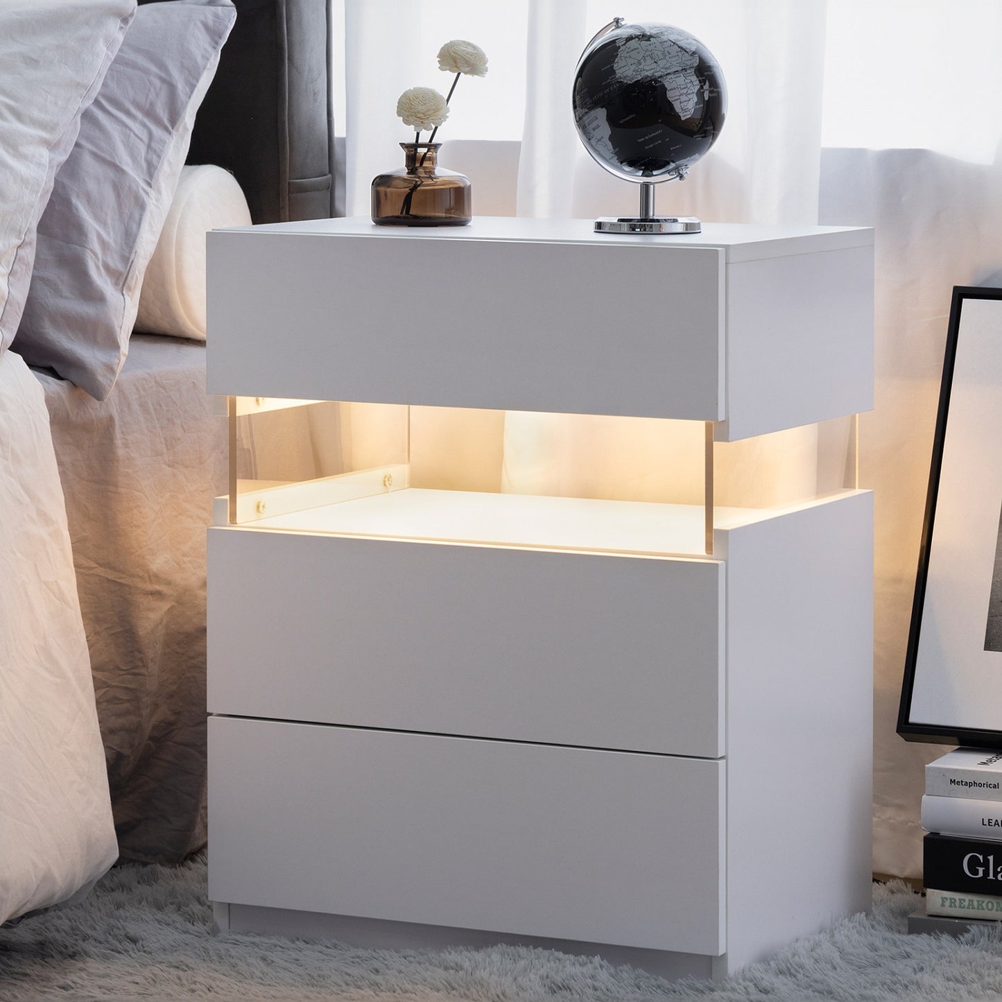 Algherohein 3 Drawer White Nightstand with LED Lights,Side Tables End Tables for Bedroom