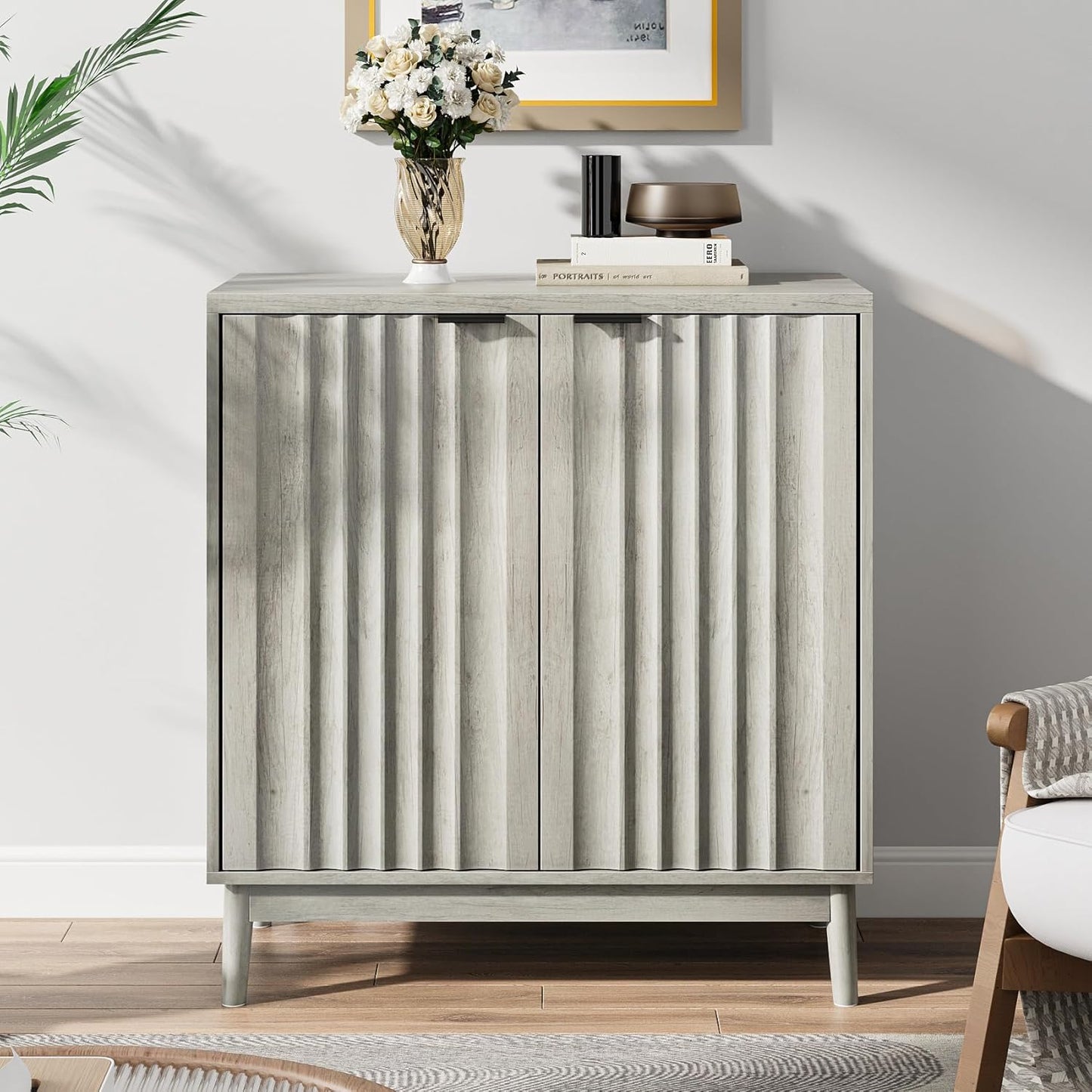 Semiocthome Modern Sideboard Buffet Cabinet with Fluted Doors, Dining Room and Kitchen, Gray