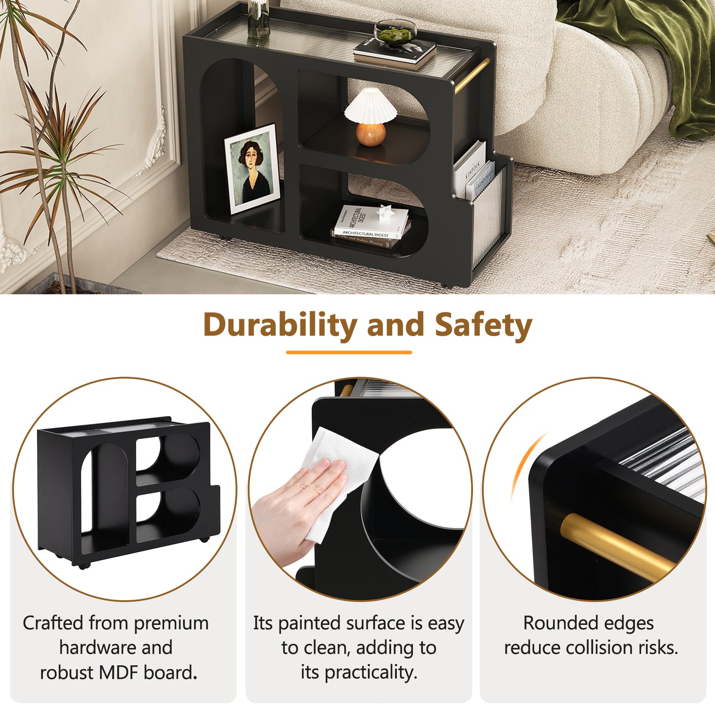 Algherohein Extendable End Table with Wheels,Modern Storage Side Table