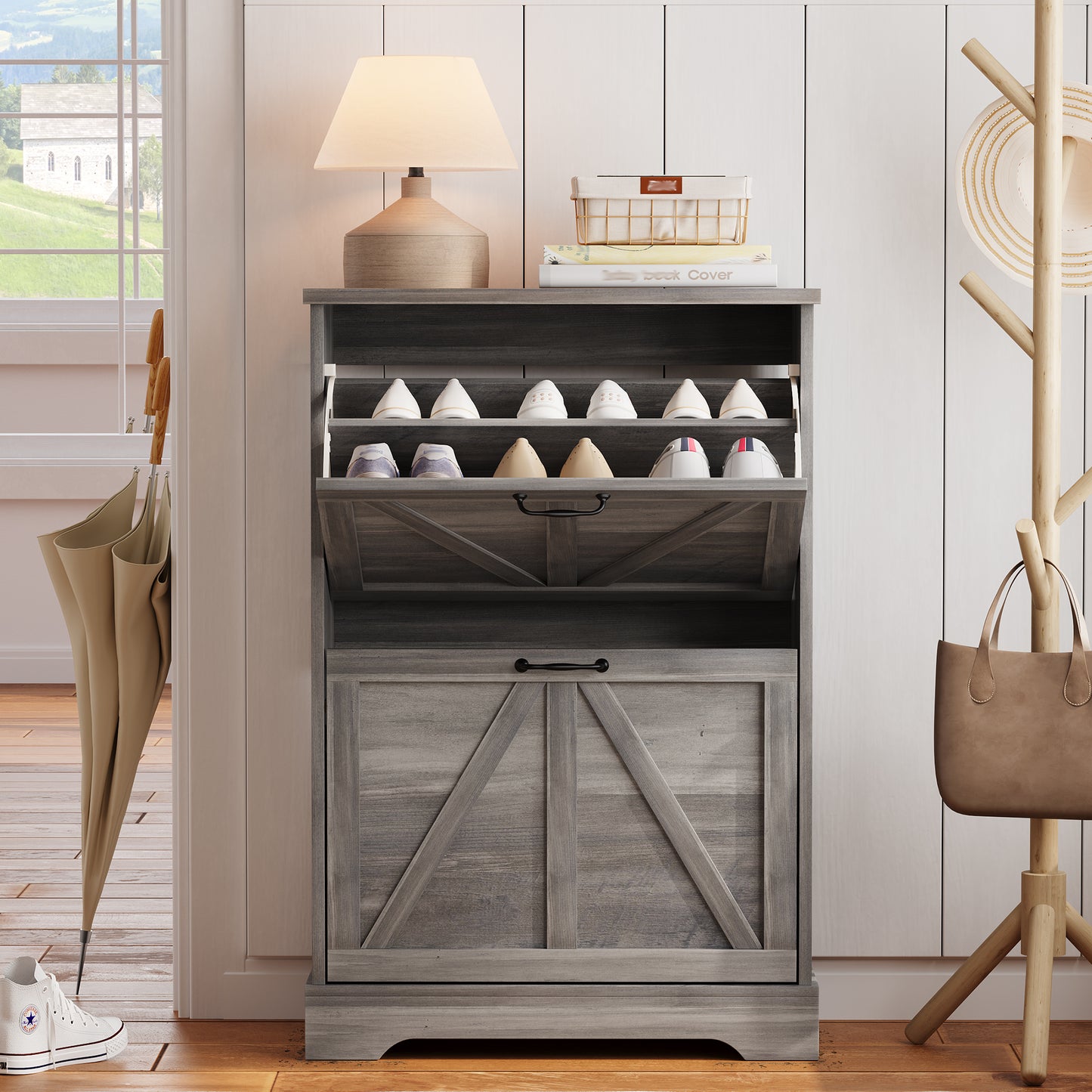 Smart FENDEE Farmhouse Shoe Cabinet with 2 Flip Drawers