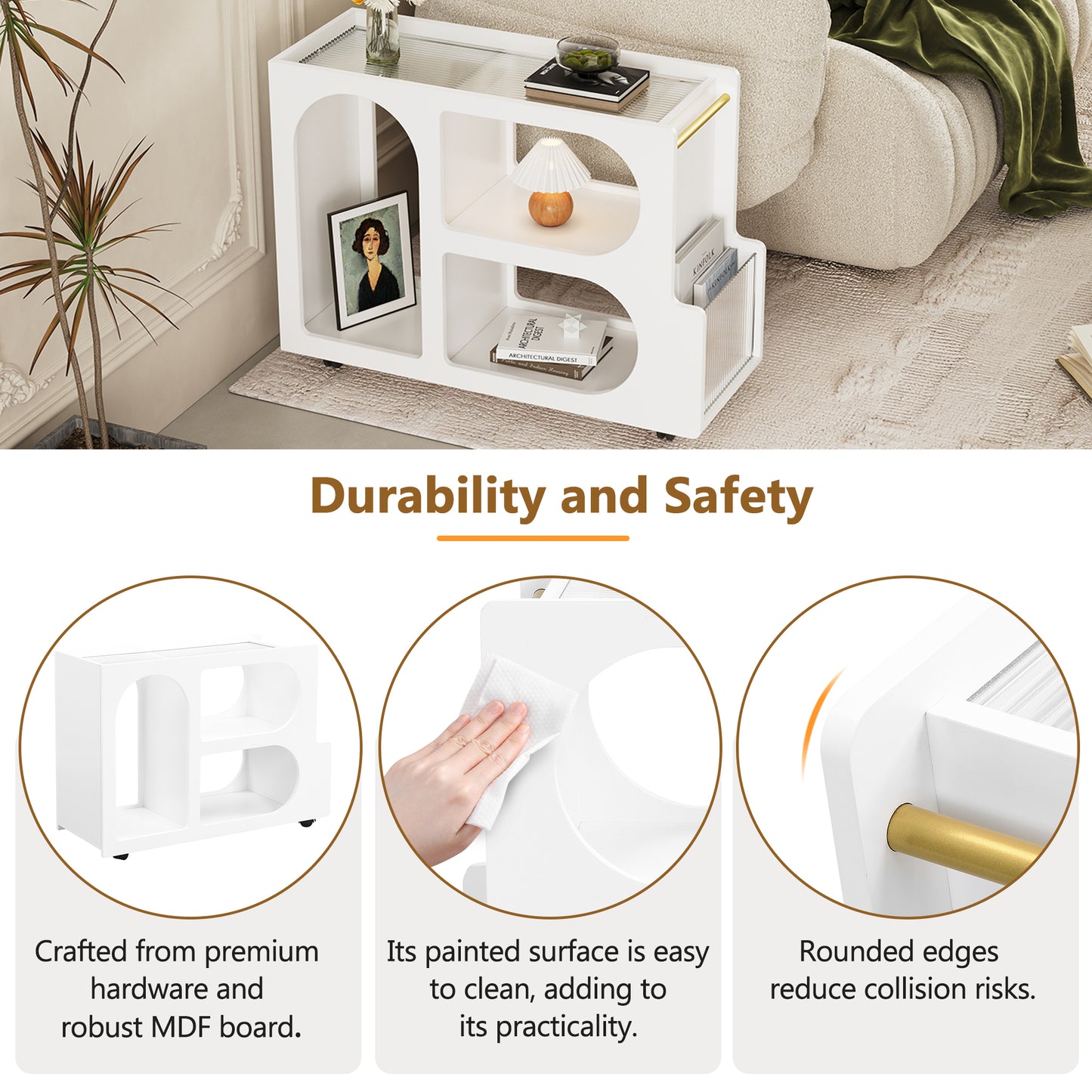 Algherohein Extendable End Table with Wheels,Modern Storage Side Table