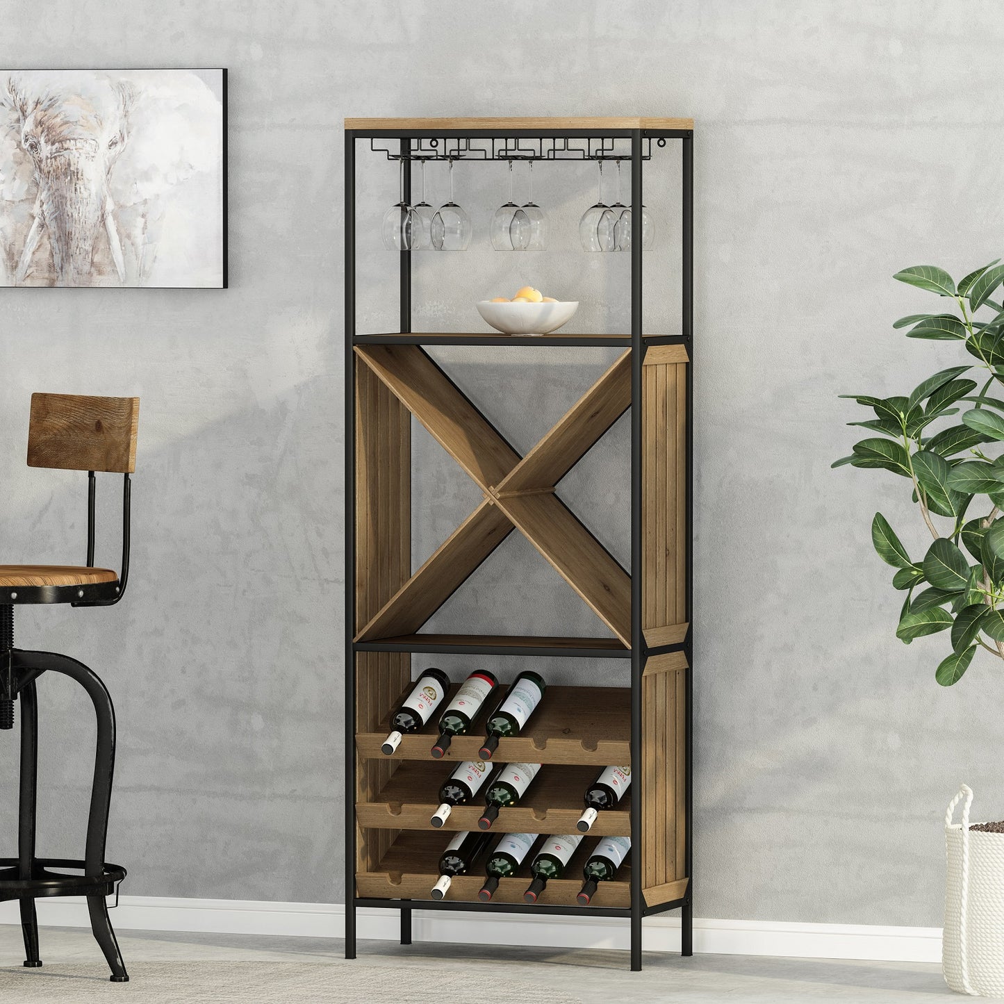 Algherohein Wine Rack with 3-Tiers Wine Storage Shelves and Glass Holders,Wine Bar Cabinet