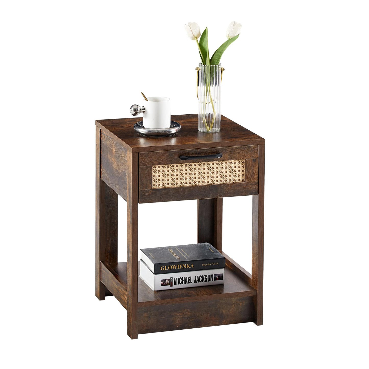 Smuxee Classic Wood Rattan Nightstand with 1 Drawer and Shelf,Side Tables for Living Room