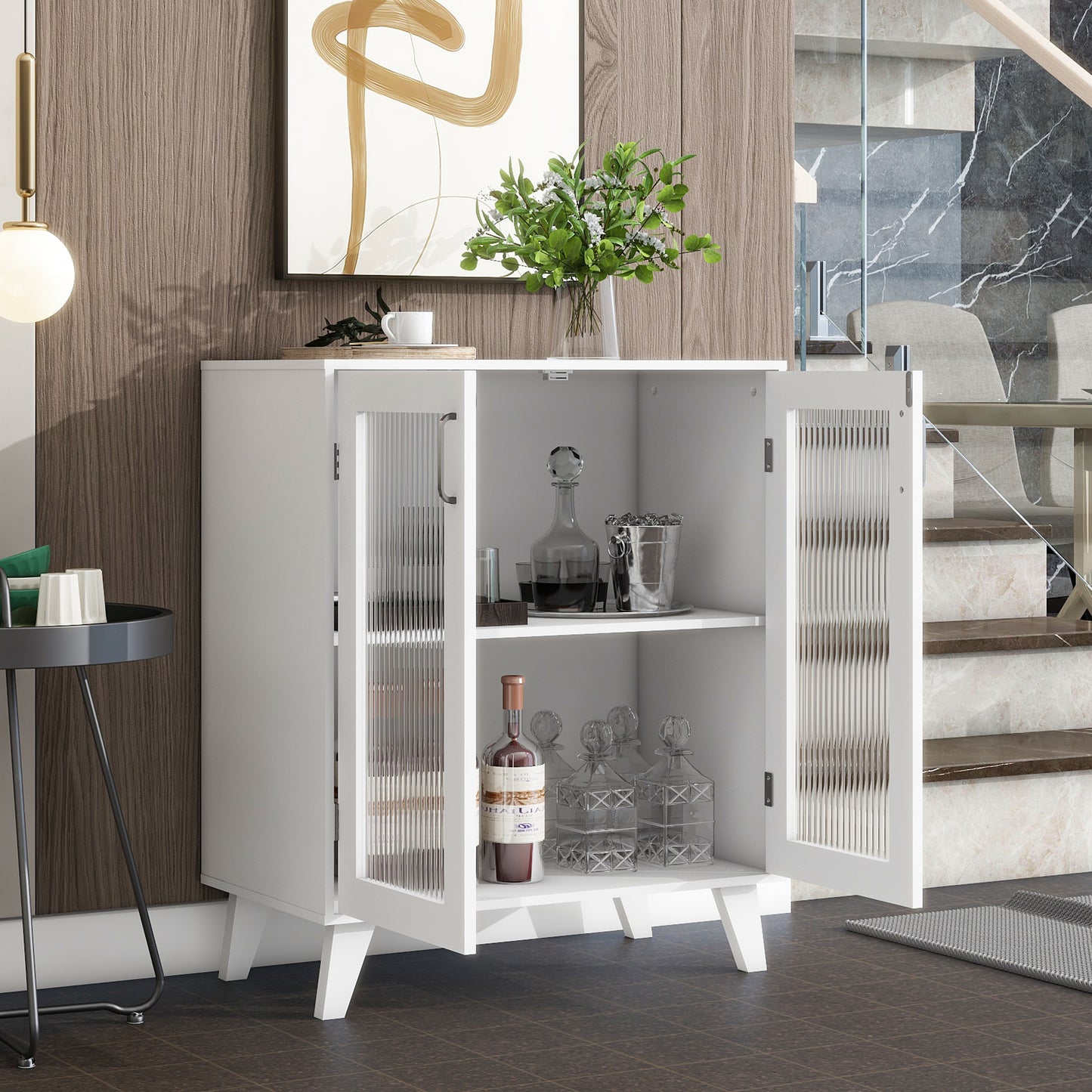 Smart FENDEE Modern Sideboards and buffets with 2 Glass Doors Storage Cabinet for Kitchen in White