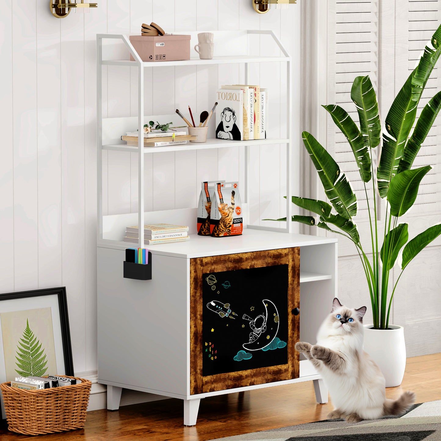 Smart FENDEE Cat Litter Box Enclosure Furniture with 2 Storage Shelves and 1 Doors, Indoor, White