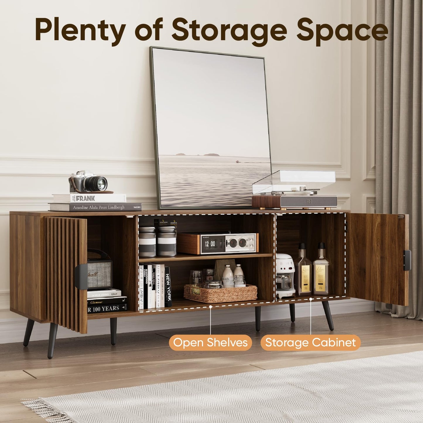 Smart FENDEE Mid Century TV Stands with Storage Entertainment Center for 60 TV, Living Room, Walnut