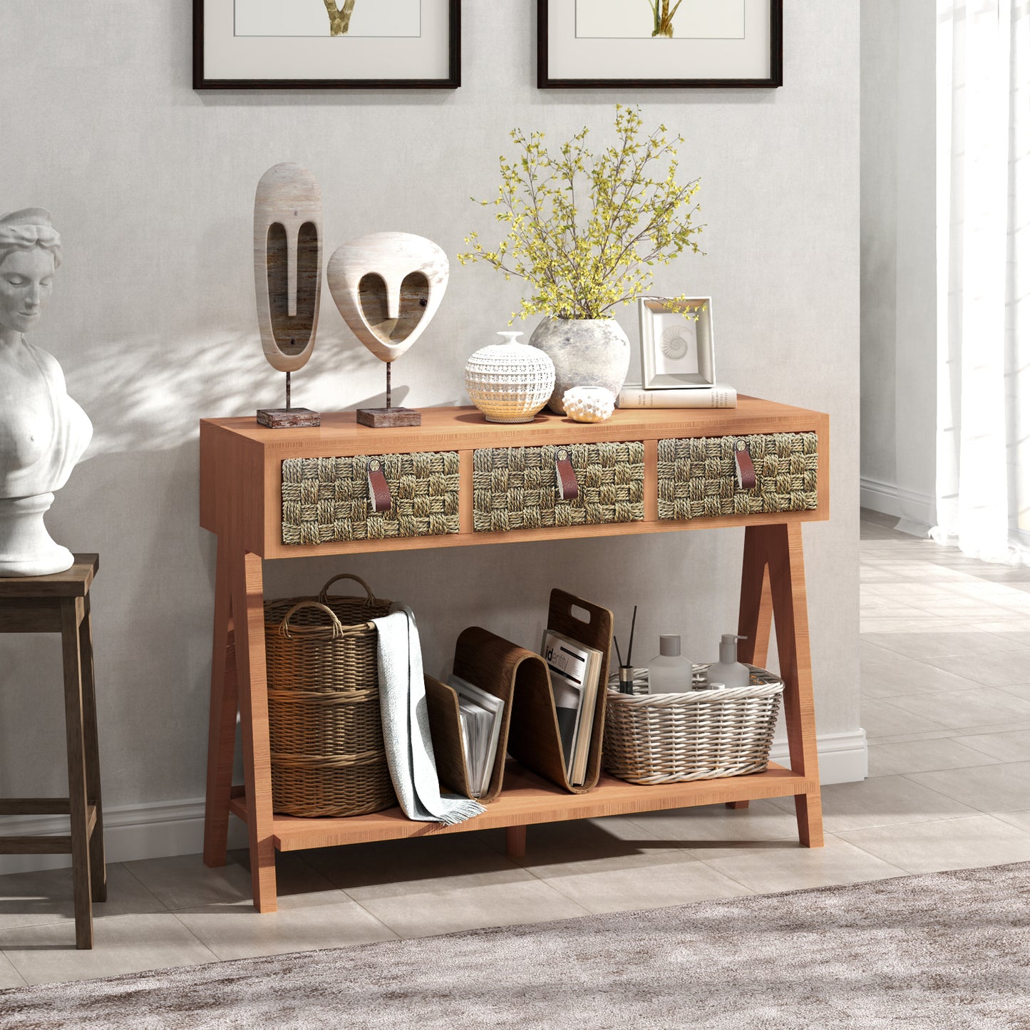 Smart FENDEE Console Table with 3 Drawers,Sofa Table Industrial Display Shelf for Entryway Brown