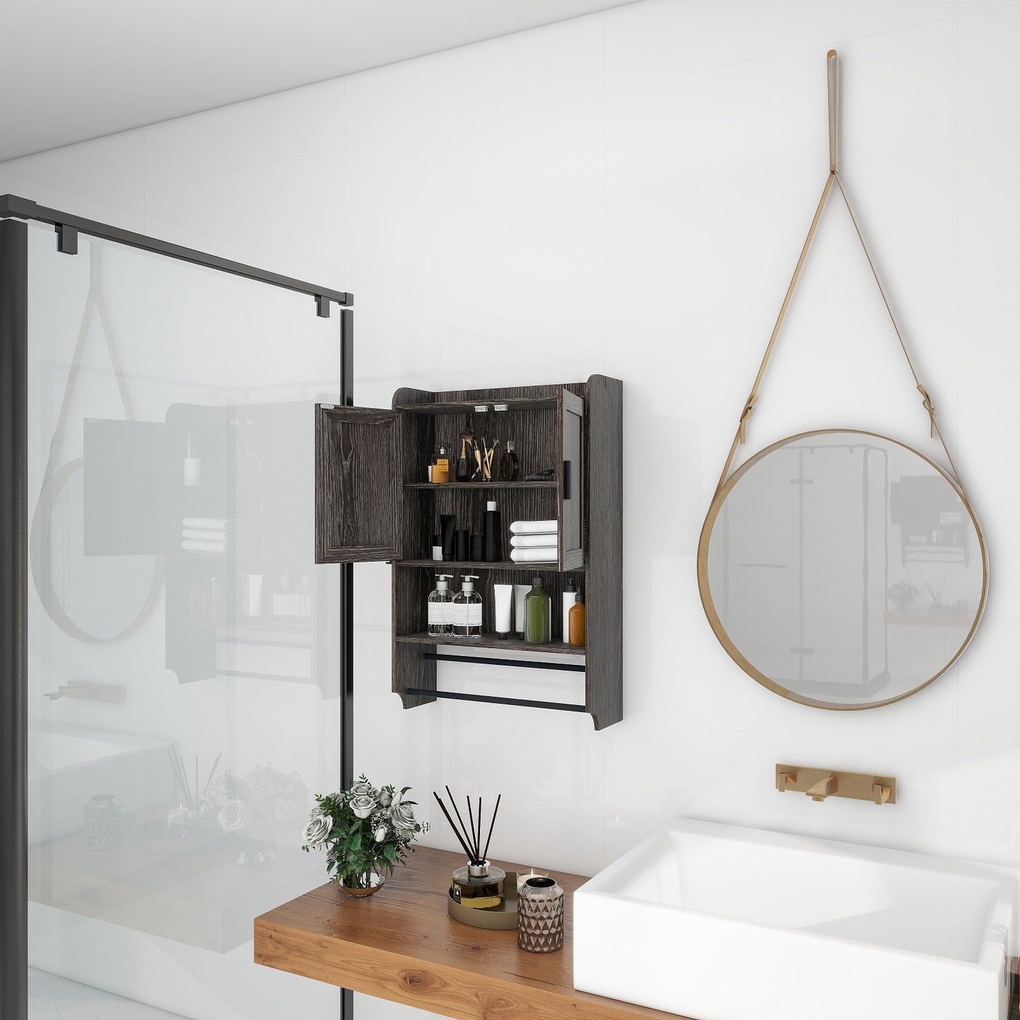 Semiocthome Bathroom Medicine Cabinet Over the Toilet Storage Cabinet with Towel Bar and Paper Holder