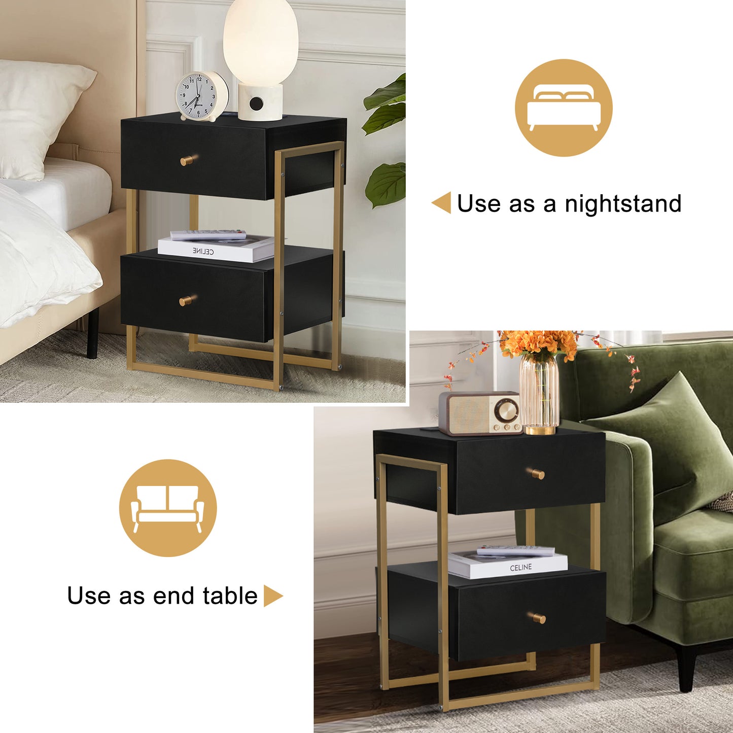 Semiocthome Nightstand Set of 2 with Charging Station and 2 Drawer,Bedside Table for Bedroom