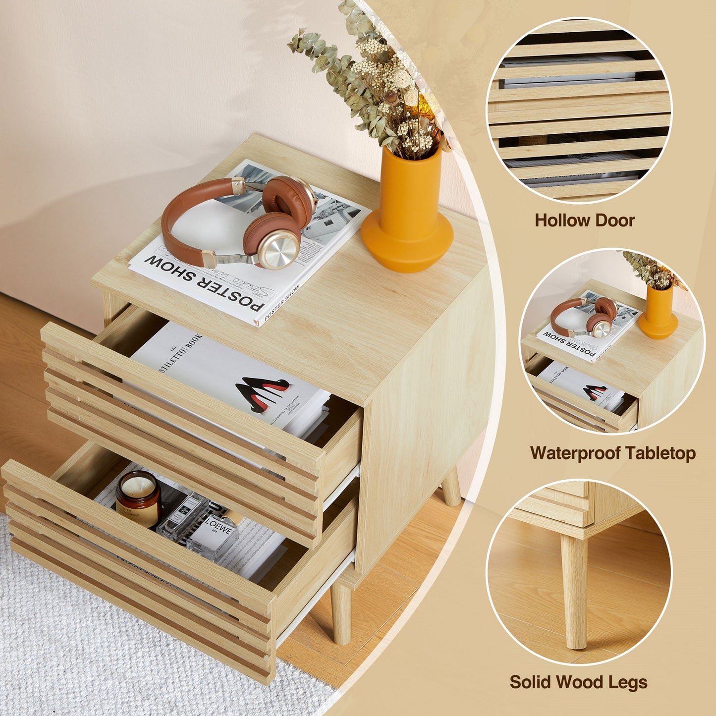 Algherohein Bedroom Wood Nightstand Set of 2 with Hollowed-Out Drawer,Living Room Side Tables