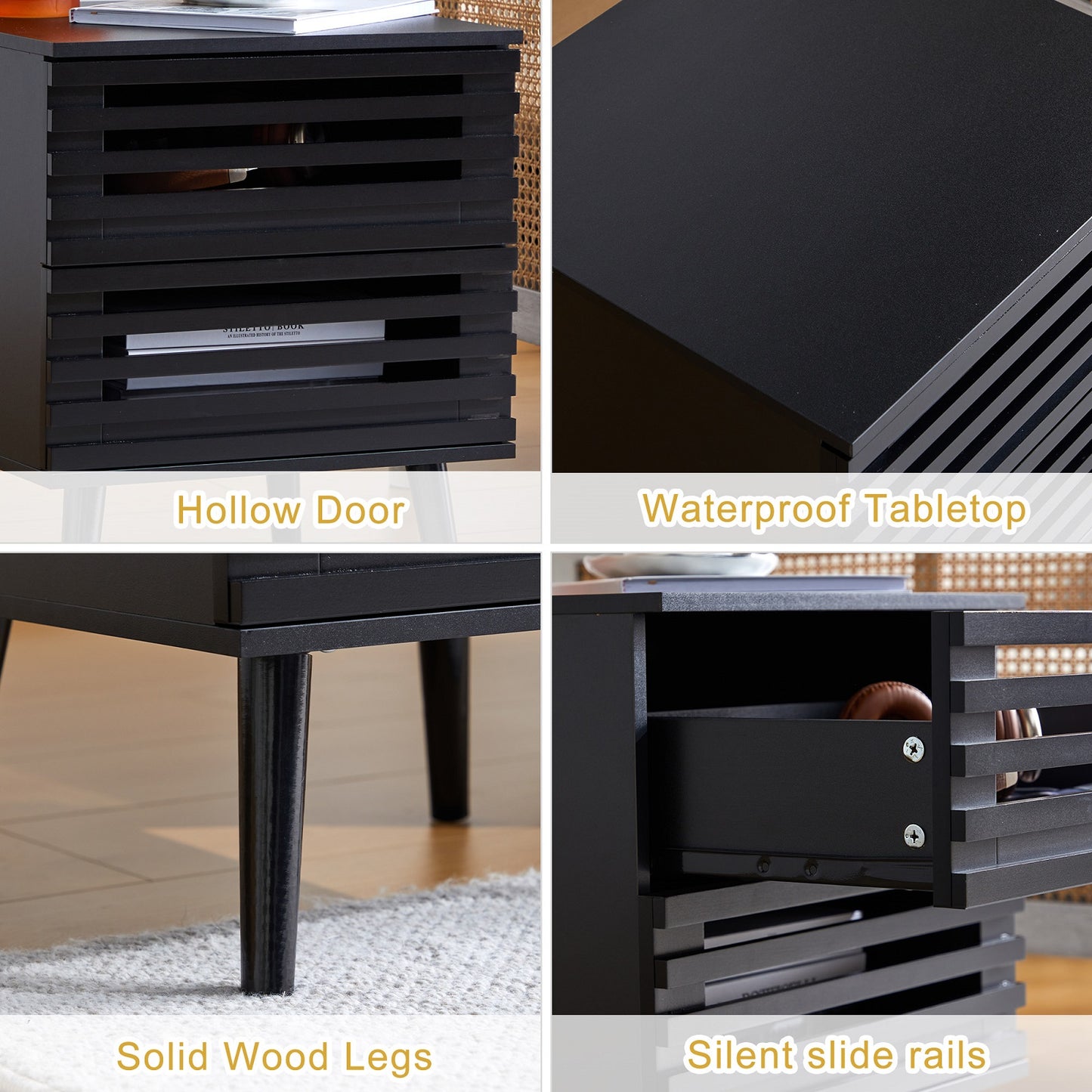 Algherohein Bedroom Wood Nightstand Set of 2 with Hollowed-Out Drawer,Living Room Side Tables