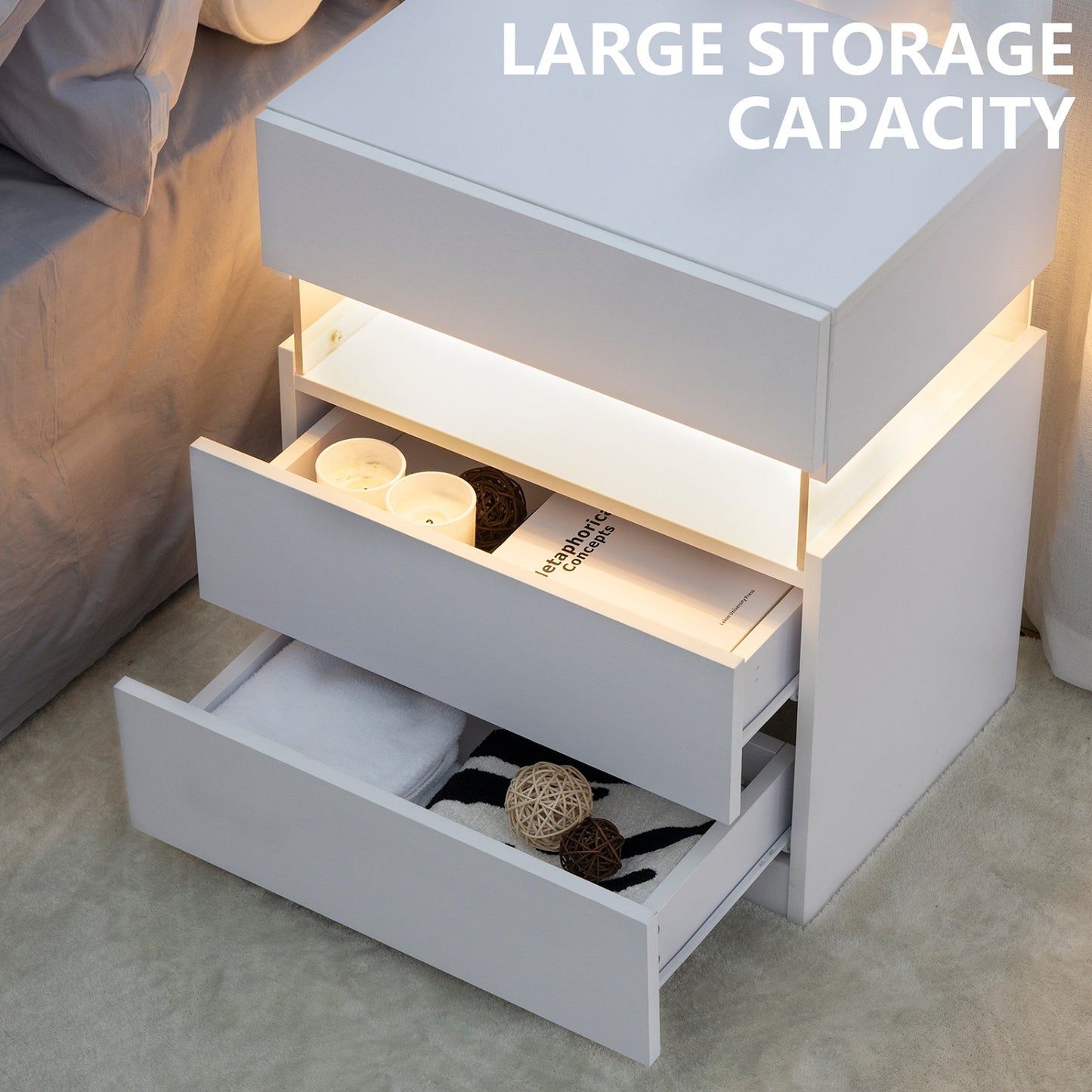 Algherohein 3 Drawer White Nightstand with LED Lights,Side Tables End Tables for Bedroom