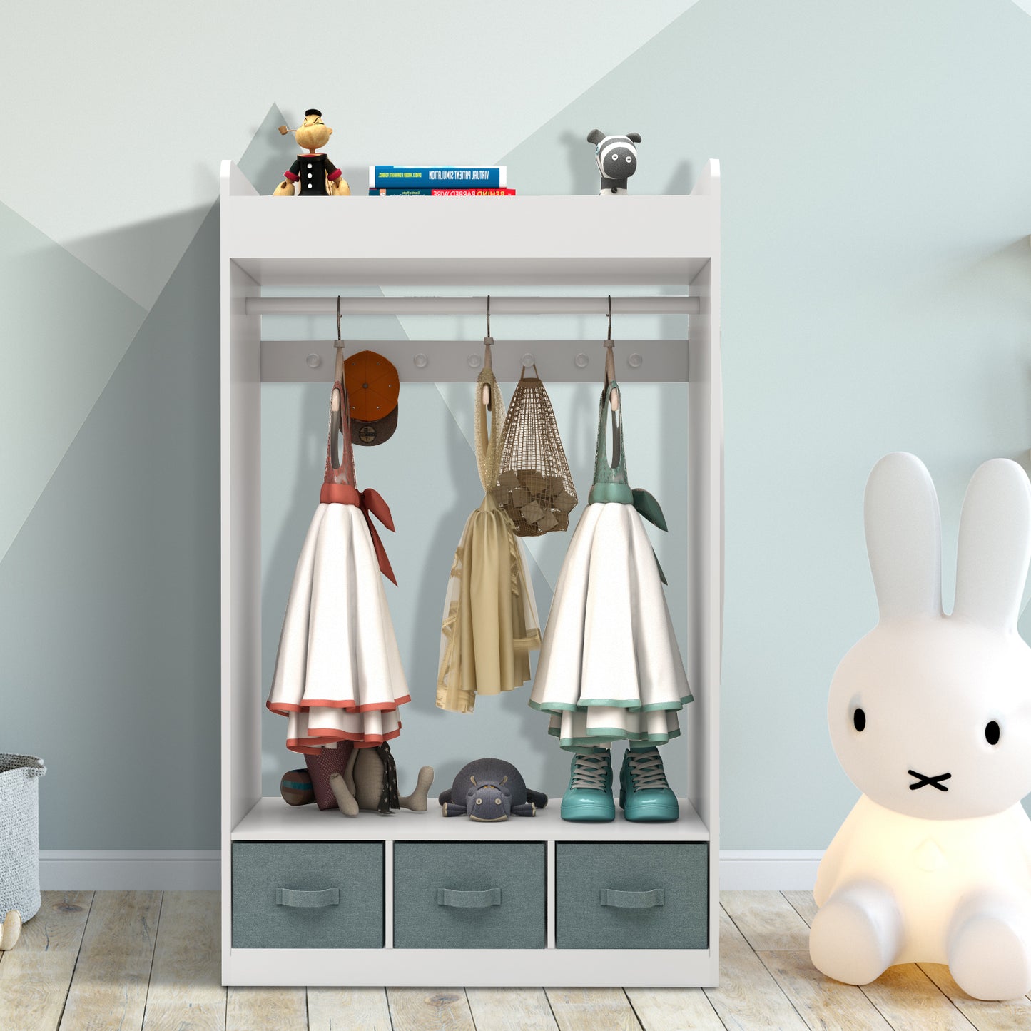 Smuxee Wood Kids Closet Clothes Organizer with Mirror,Kids Toys Organizer Bookshelf for Girl