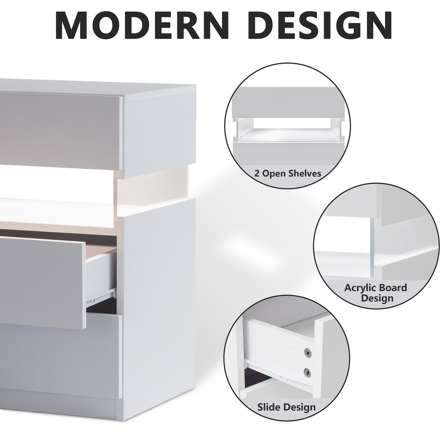 Algherohein 3 Drawer White Nightstand with LED Lights,Side Tables End Tables for Bedroom