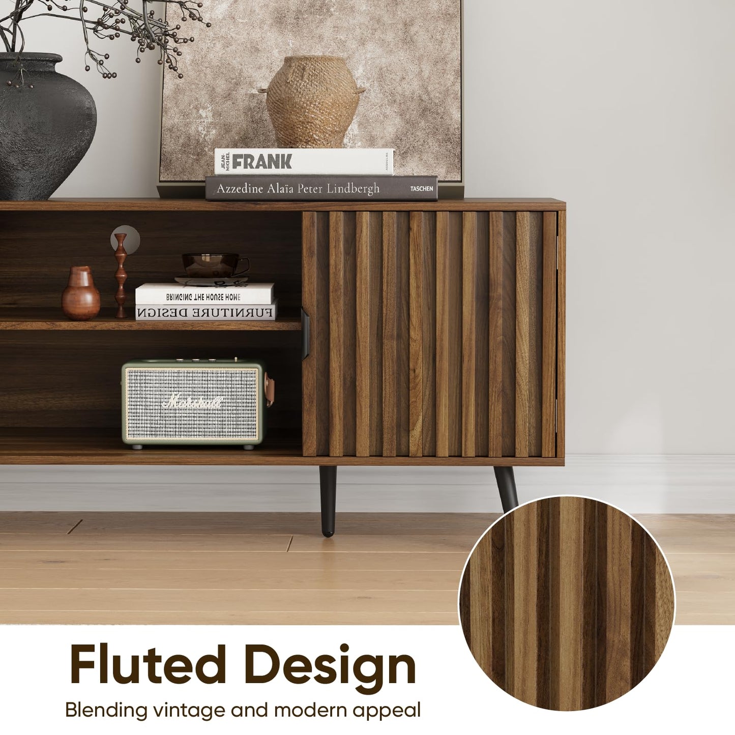 Smart FENDEE Mid Century TV Stands with Storage Entertainment Center for 60 TV, Living Room, Walnut