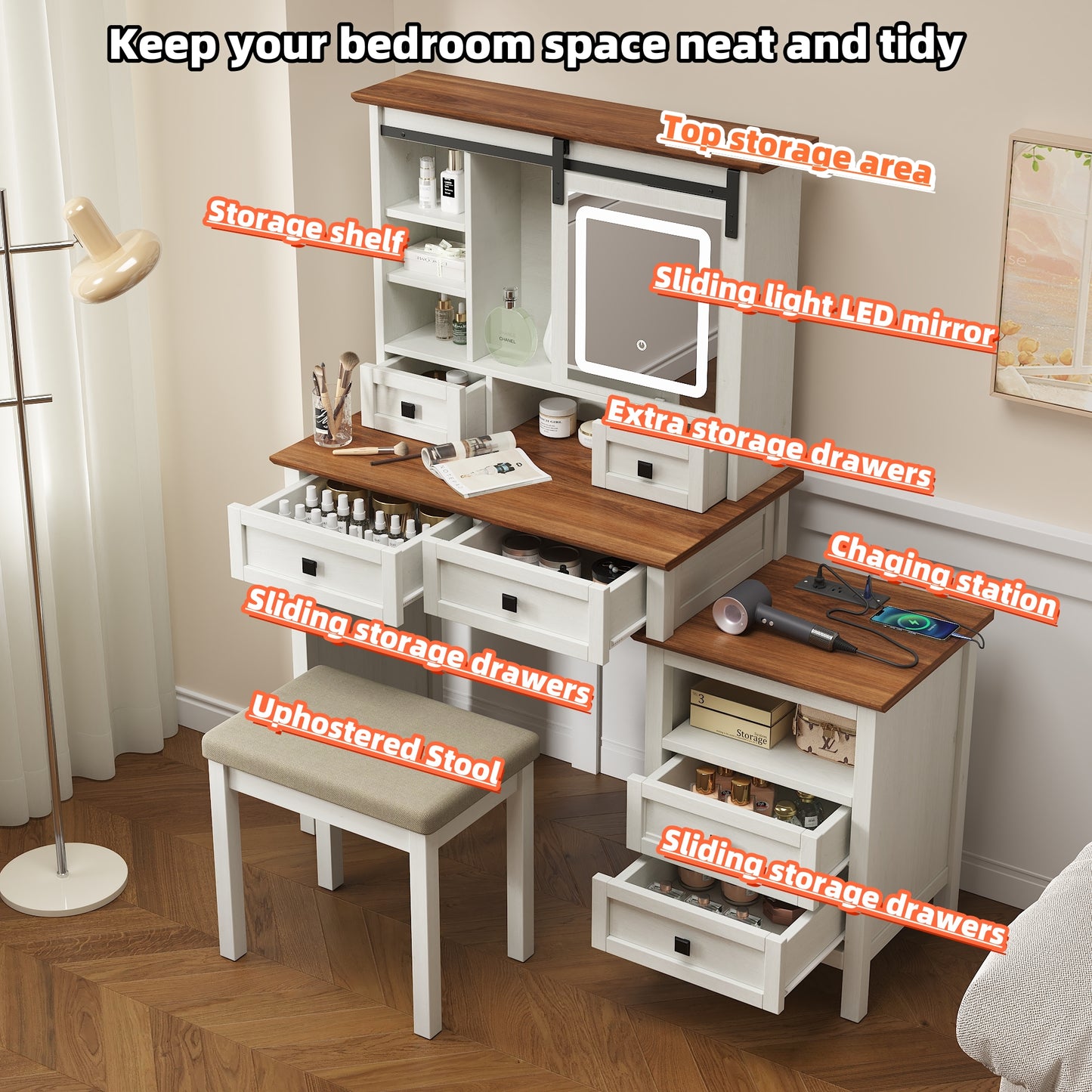 Semiocthome Farmhouse Makeup Vanity Desk with Cushioned Stool and Charging Station for Bedroom,White