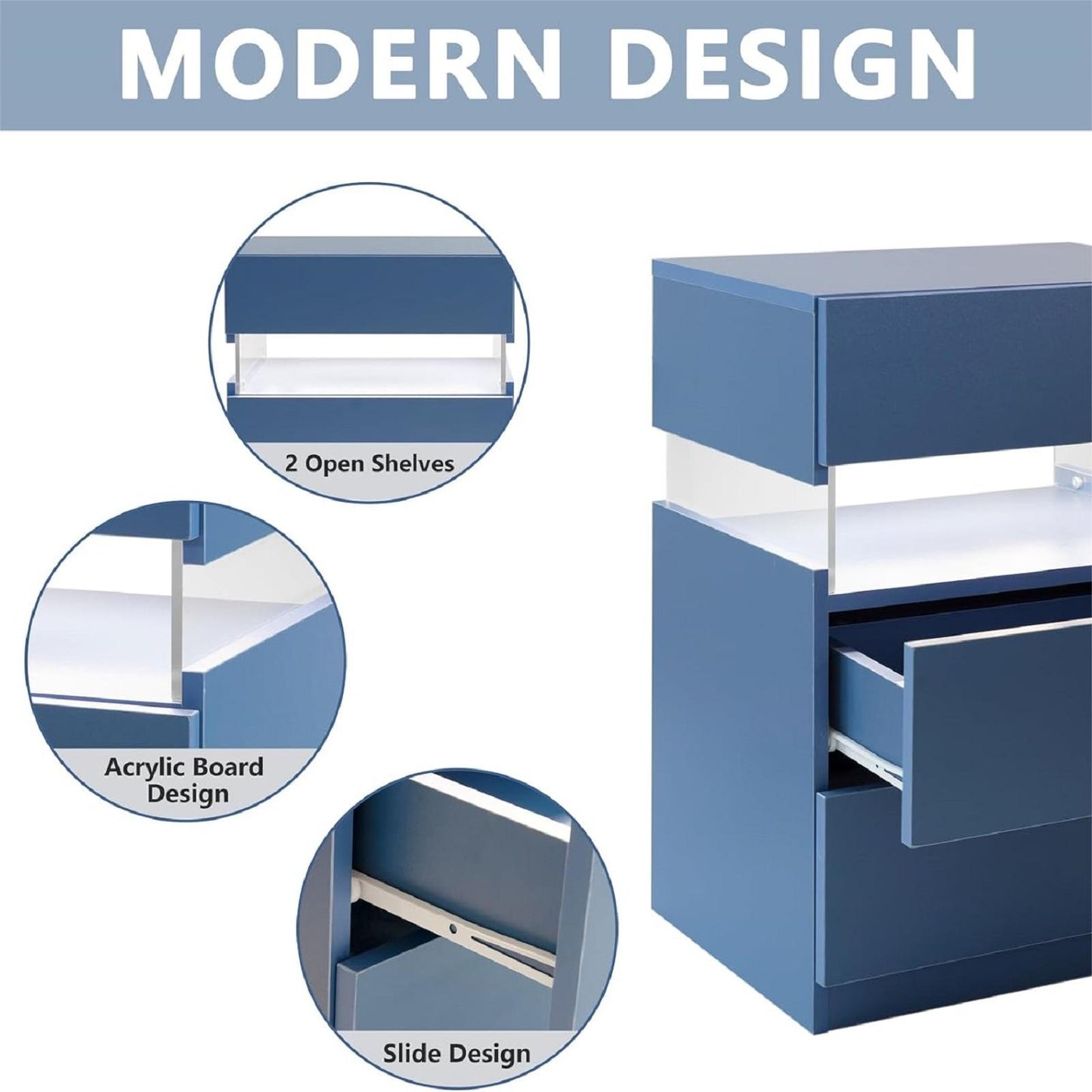 Algherohein 3 Drawer White Nightstand with LED Lights,Side Tables End Tables for Bedroom