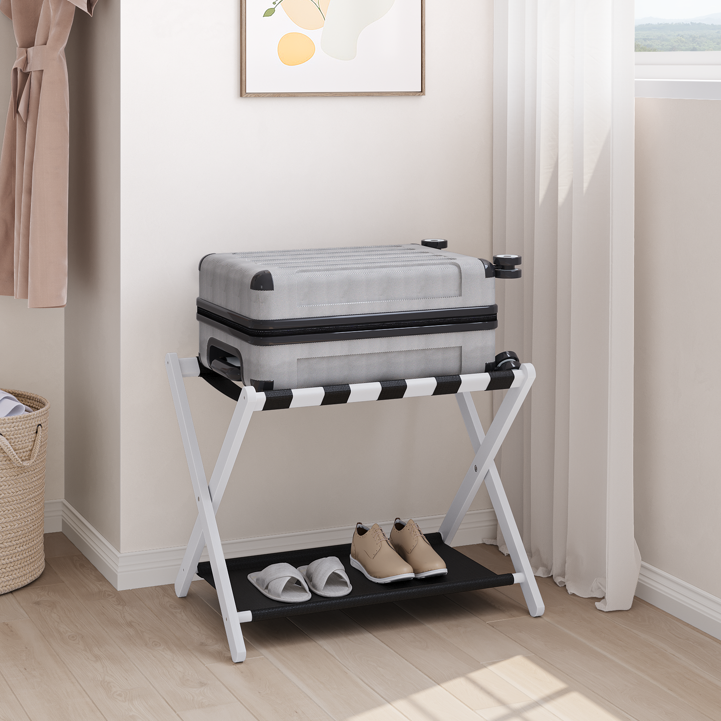 Algherohein Bamboo Folding Luggage Rack Suitcase Stand with Shelf