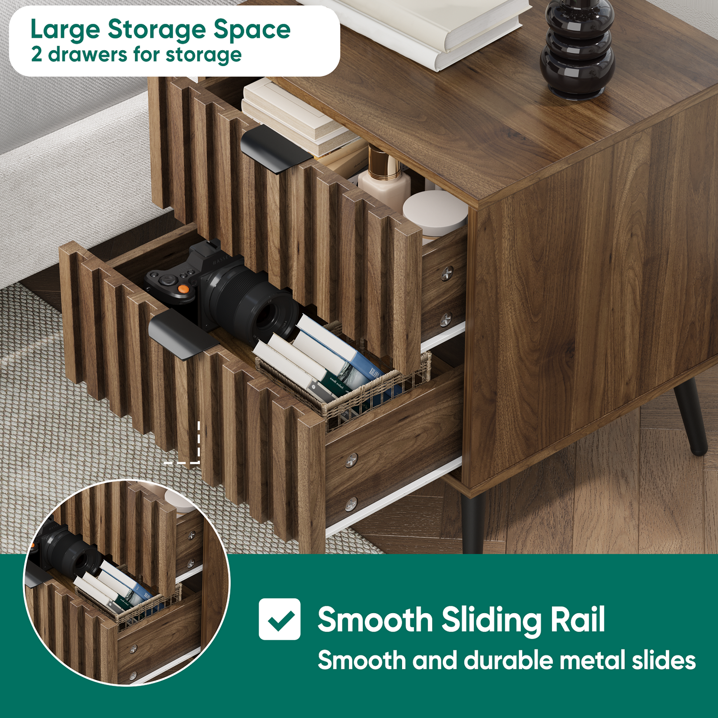 Algherohein Night Stands for Bedroom,Modern End Tables for Living Room with Fluted Drawer,Walnut