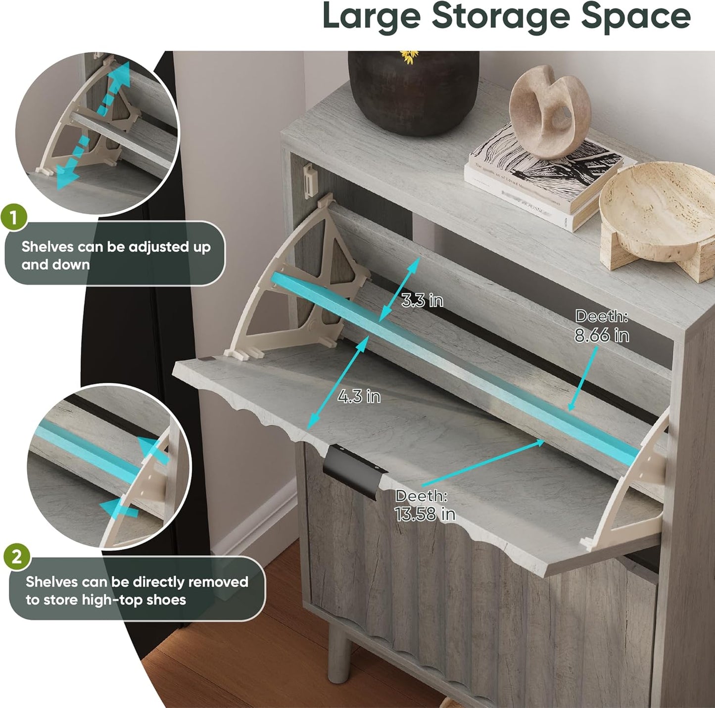 Semiocthome Shoe Cabinet with 2 Flip Drawers Farmhouse Shoe Storage Organizer for Entryway, Grey