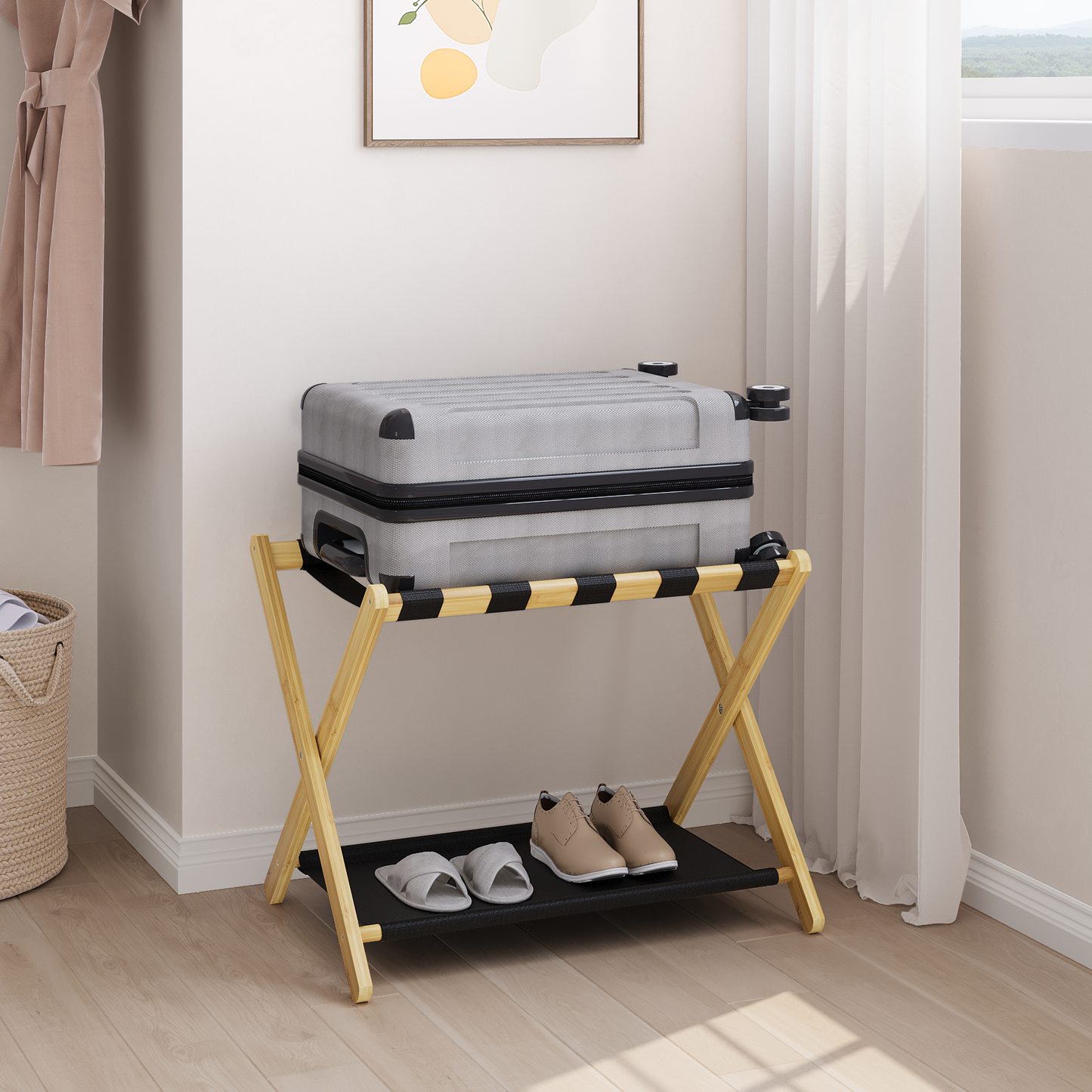 Algherohein Bamboo Folding Luggage Rack Suitcase Stand with Shelf
