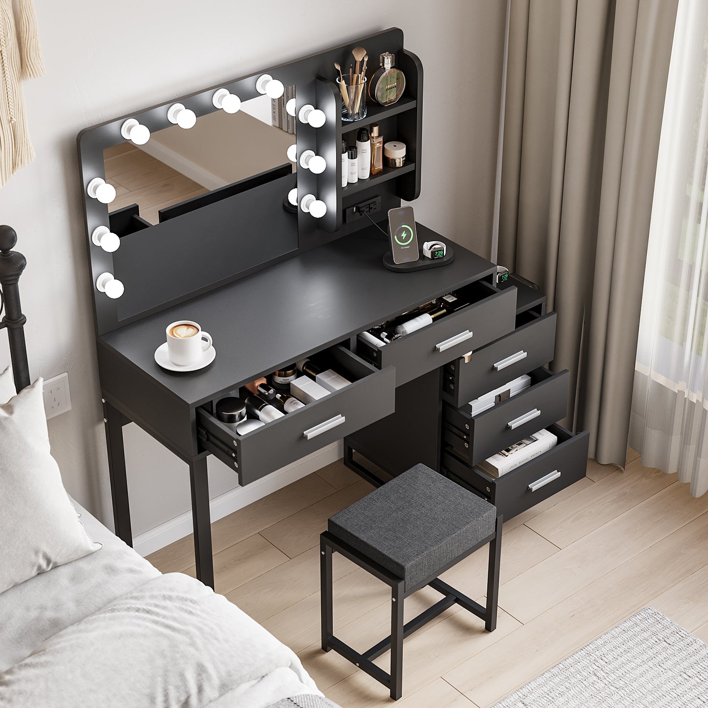 Smuxee Modern Dressing Table Set with 10 LED Lights and Mirror ,Black