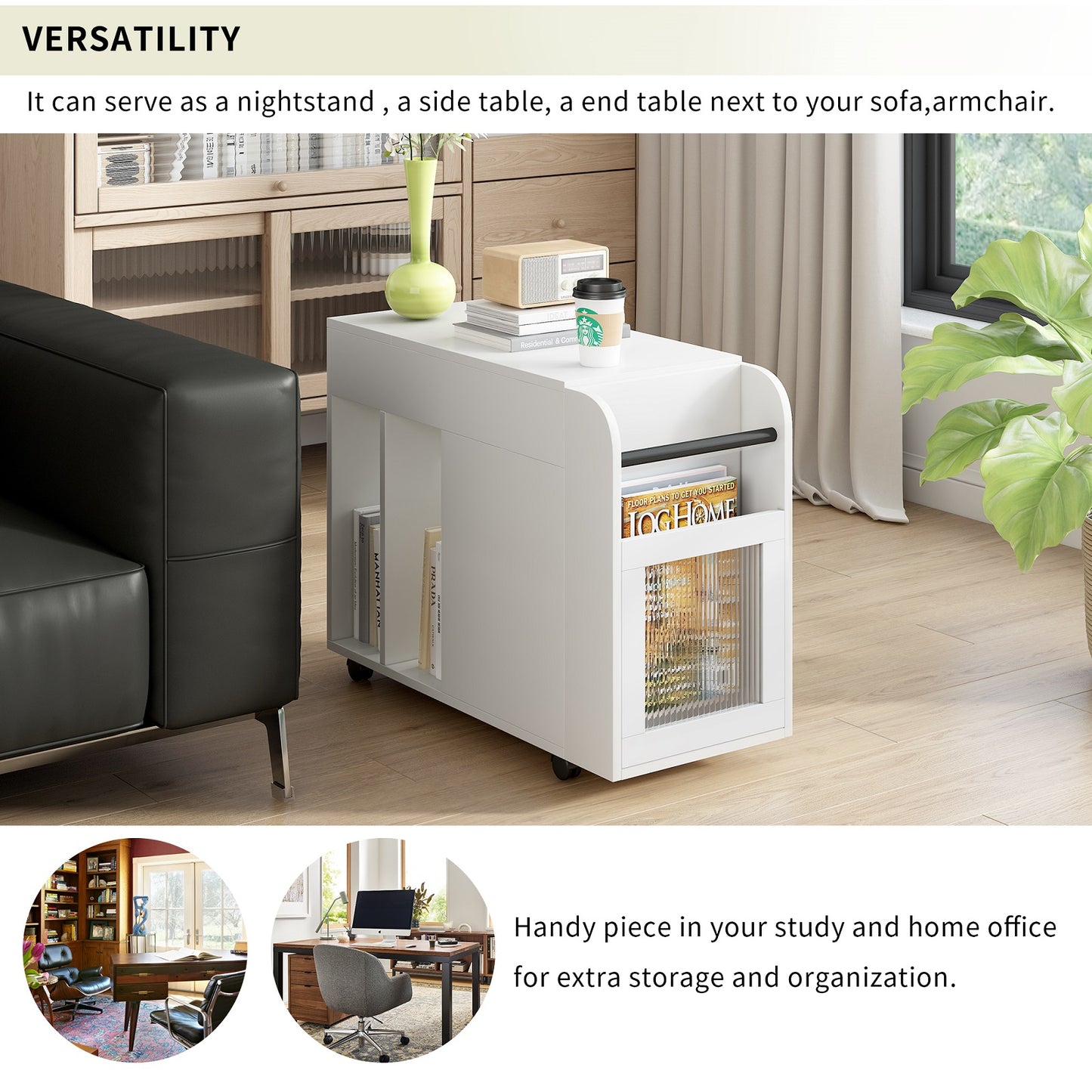 Algherohein Extendable End Table with Wheels,Modern Storage Side Table