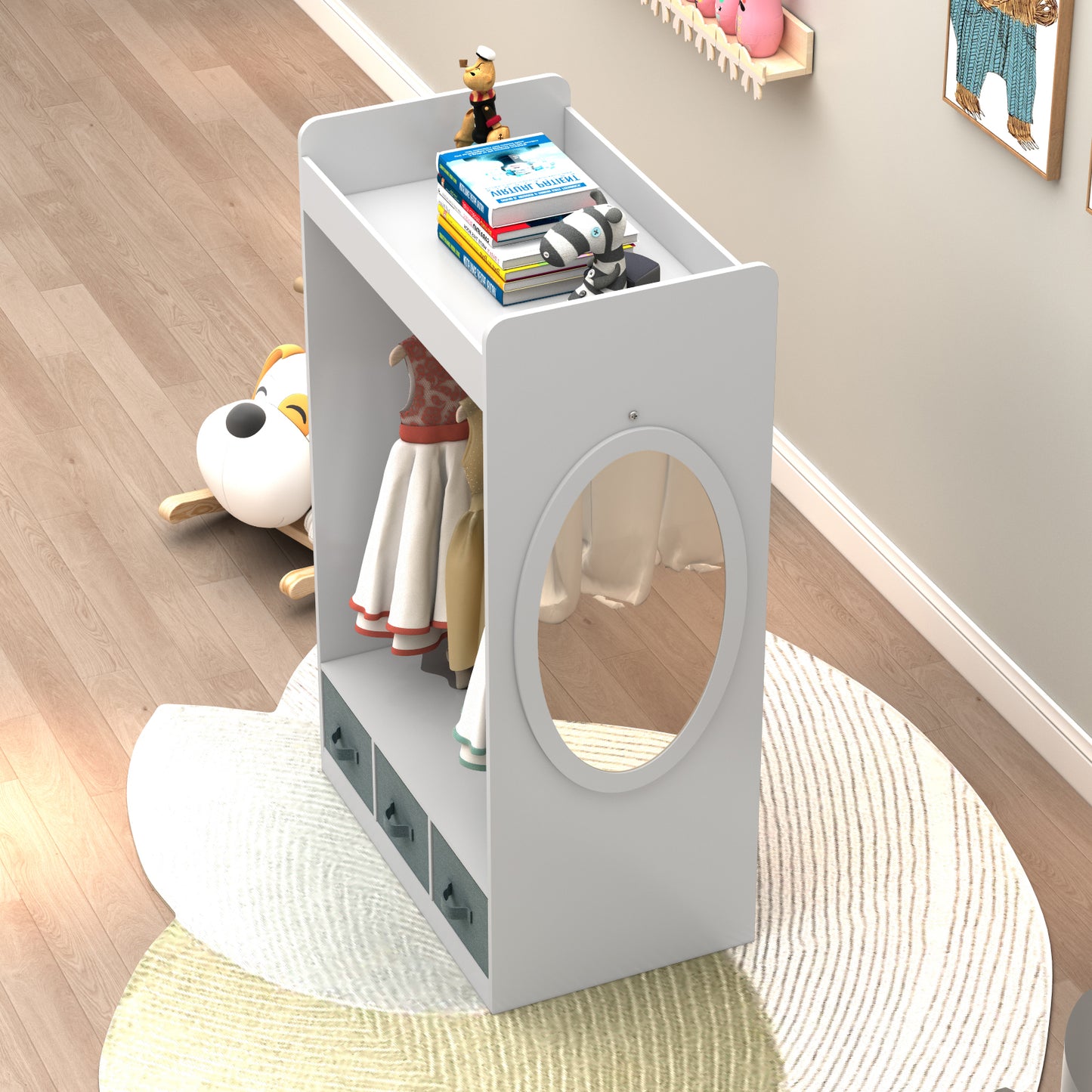 Smuxee Wood Kids Closet Clothes Organizer with Mirror,Kids Toys Organizer Bookshelf for Girl