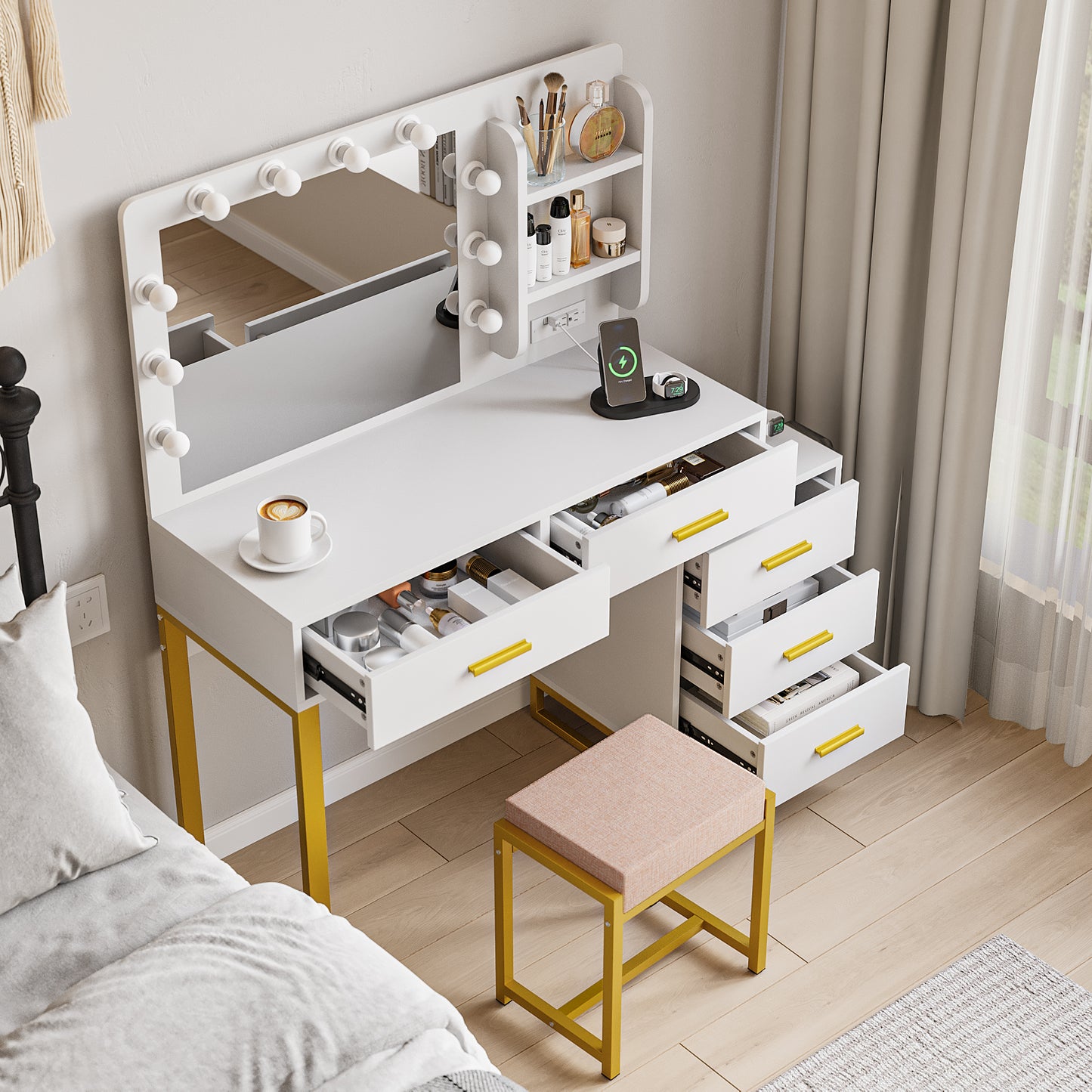 Smuxee Modern Dressing Table Set with 10 LED Lights and Mirror ,Black