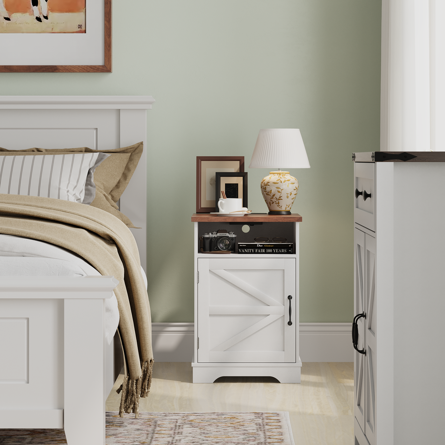 Algherohein Farmhouse Nightstand with Charging Station,Night Stands for Bedroom