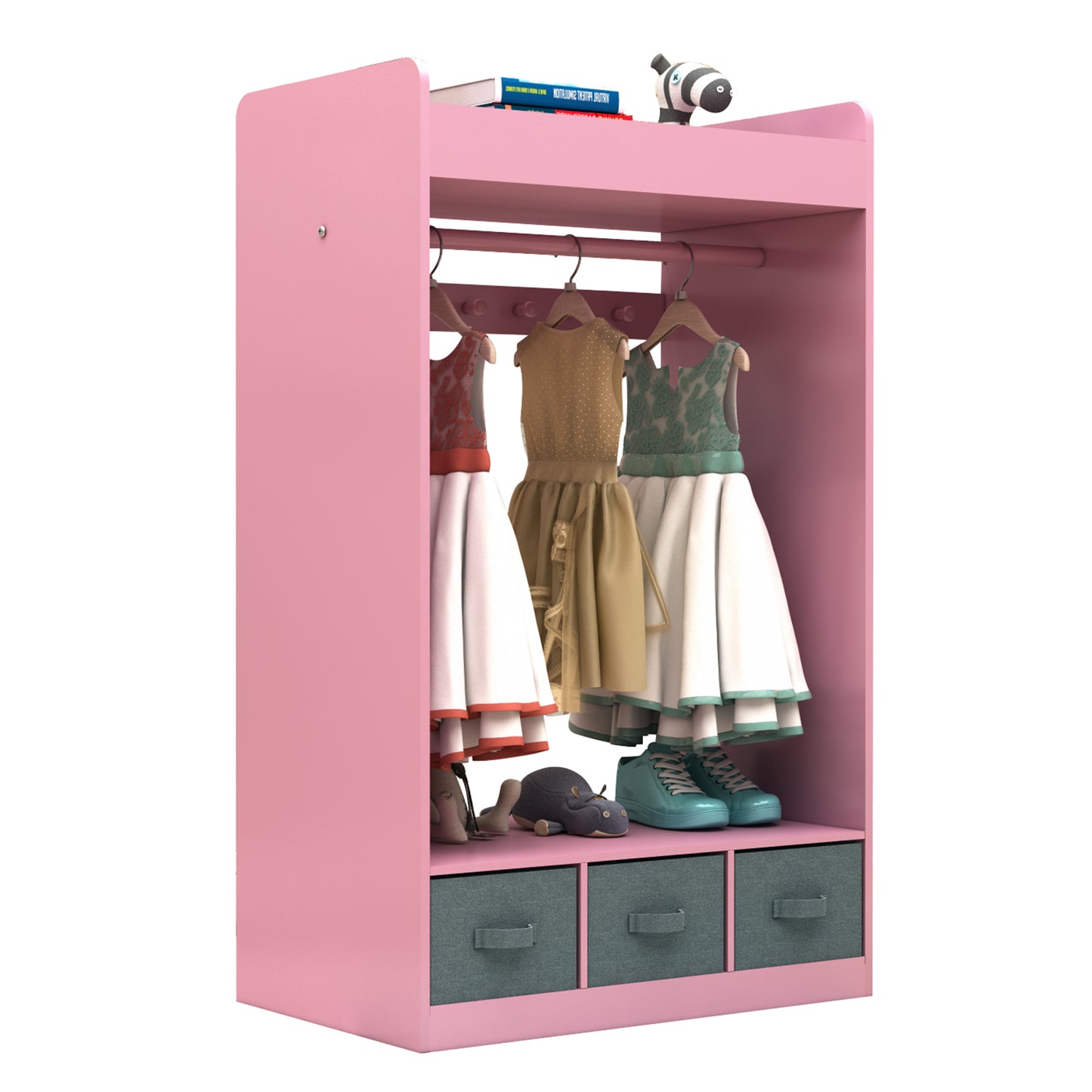 Smuxee Wood Kids Closet Clothes Organizer with Mirror,Kids Toys Organizer Bookshelf for Girl