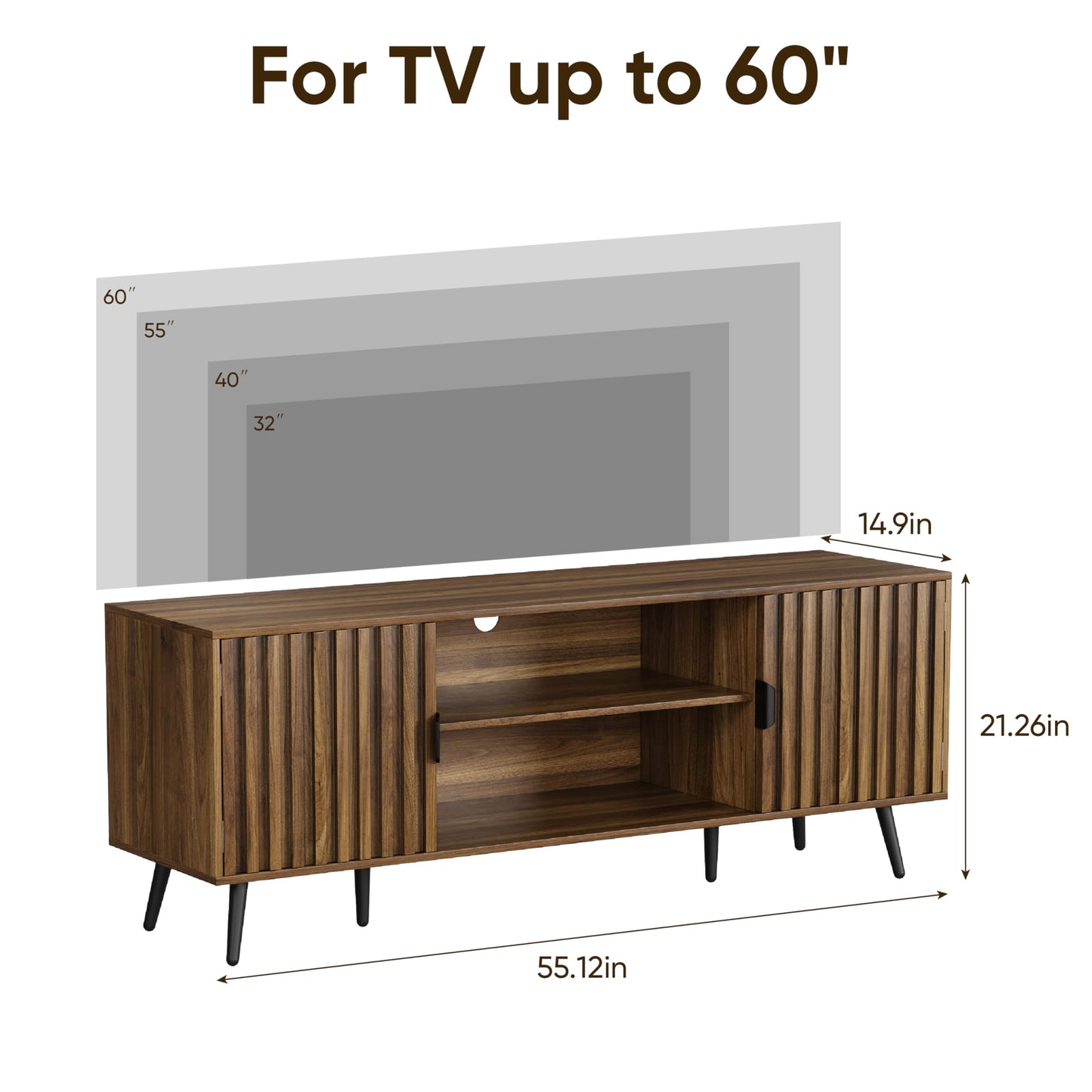 Semiocthome 55" TV Stand with 2 Cabinets and Shelf, Fits 30" to 60" TV for Living Room, Walnut