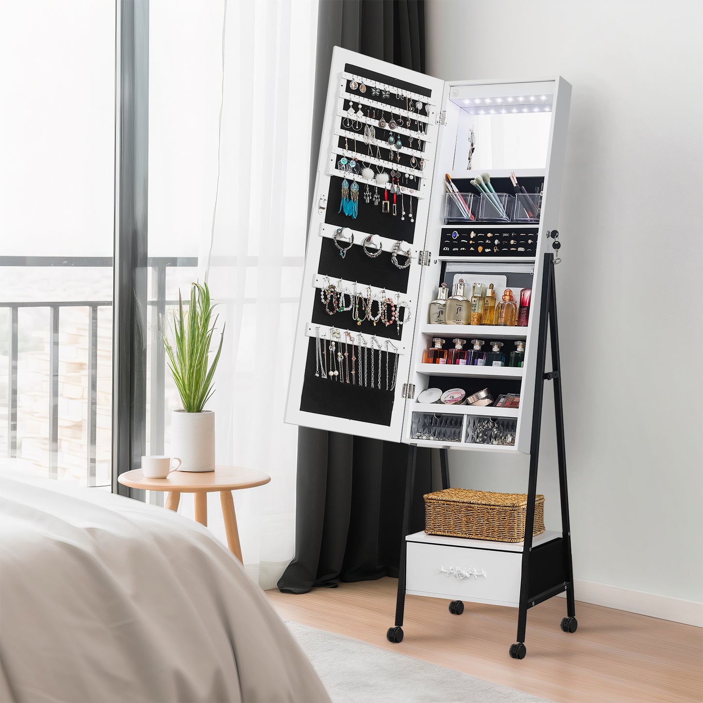 Smart FENDEE Wood Freestanding Jewelry Armoire Cabinet with Lights and Movable Wheel for Adult