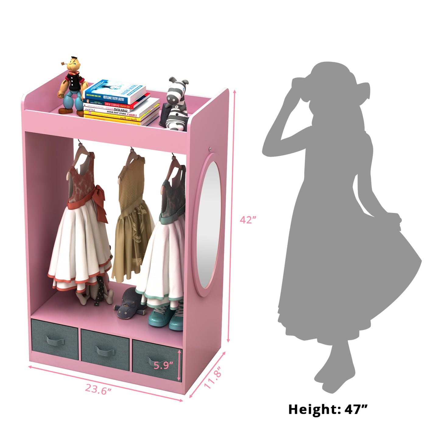 Smuxee Wood Kids Closet Clothes Organizer with Mirror,Kids Toys Organizer Bookshelf for Girl