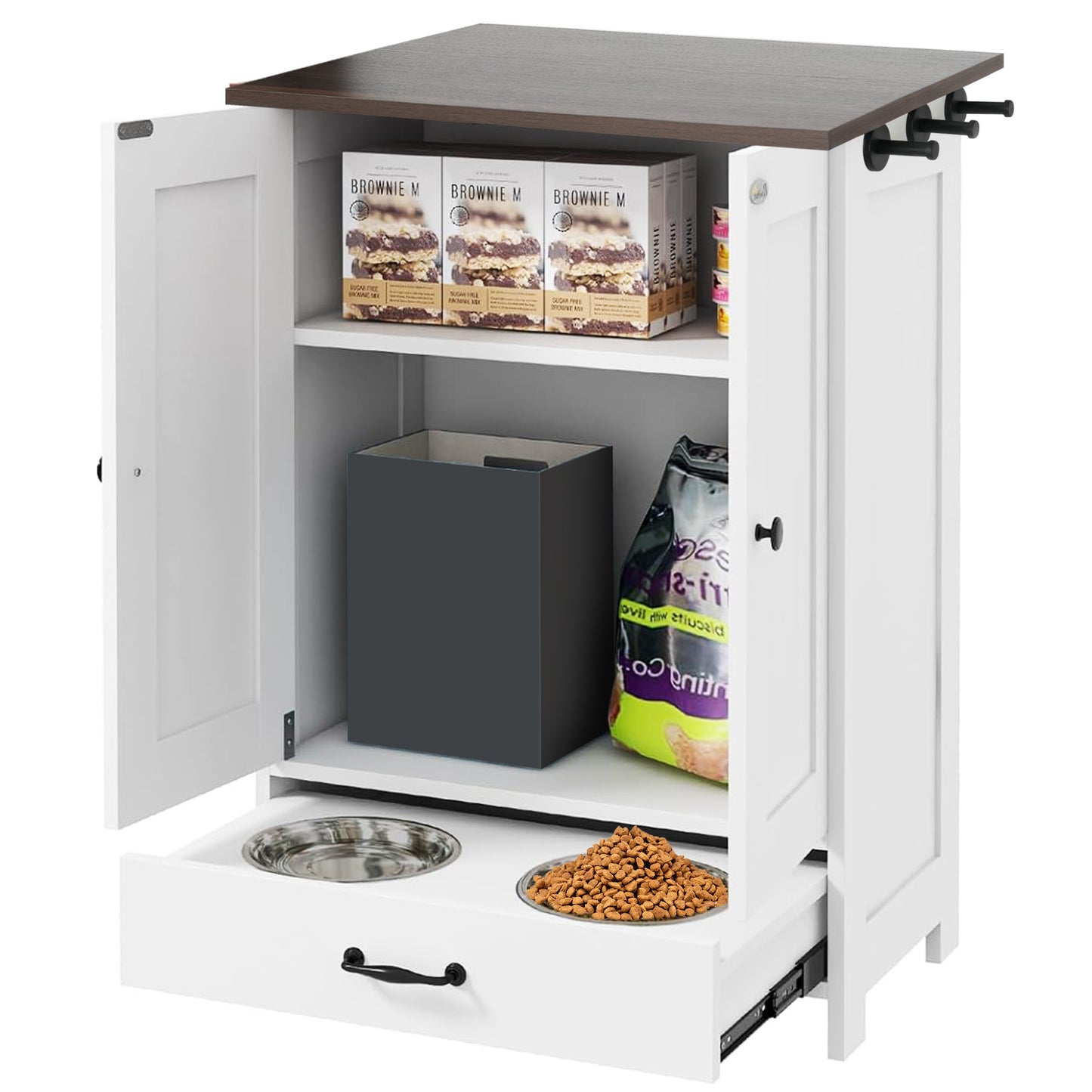 Smart FENDEE Dog Feeding Station Food Storage Cabinet with Hidden Dog Bowls and Hooks,White
